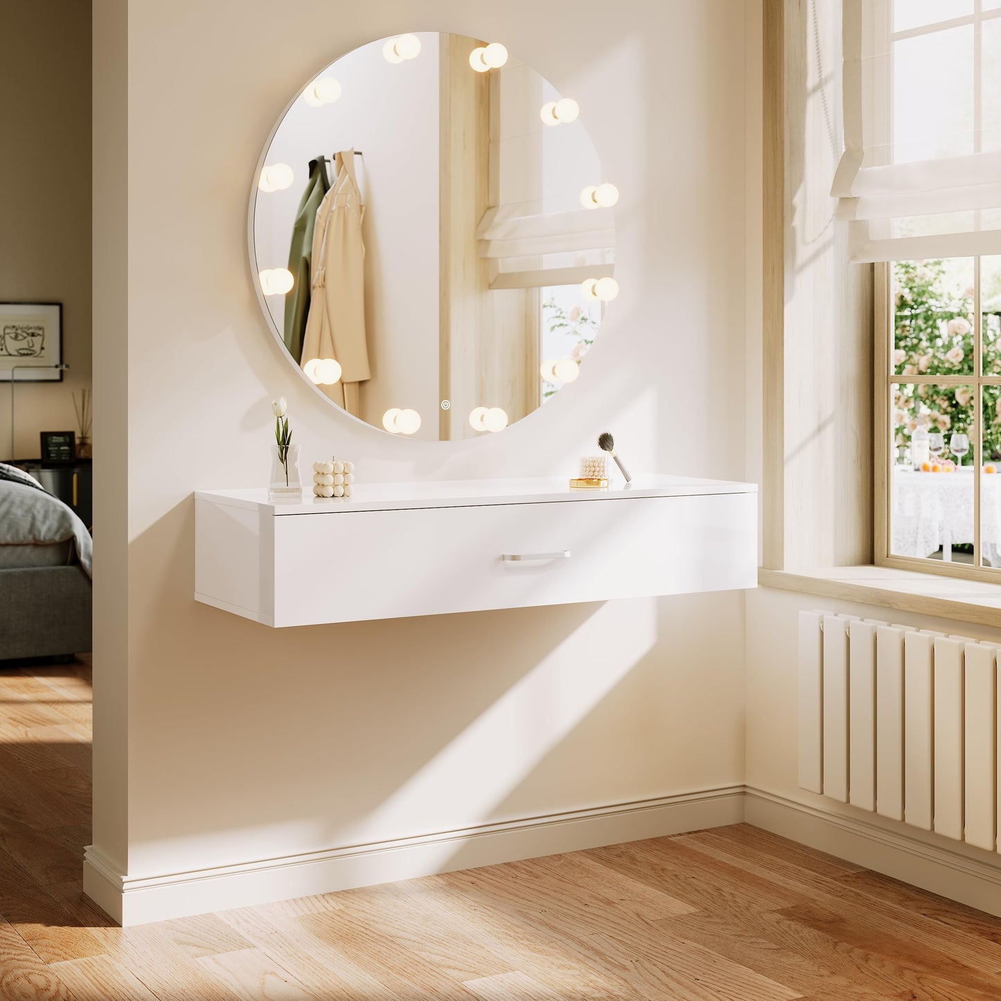ELEGANT Wall Mounted Dressing Table with Mirror and Adjustable LED Bulbs, White Floating Shelf with Partition Storage