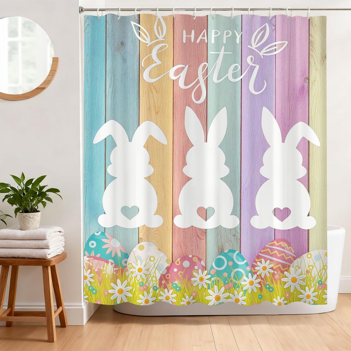 BREASOME Spring Easter Bunny Shower Curtain 180 x 180 cm Cute Rabbit Egg Floral Shower Curtain for Bathroom Decor Mould Proof Waterproof Polyester