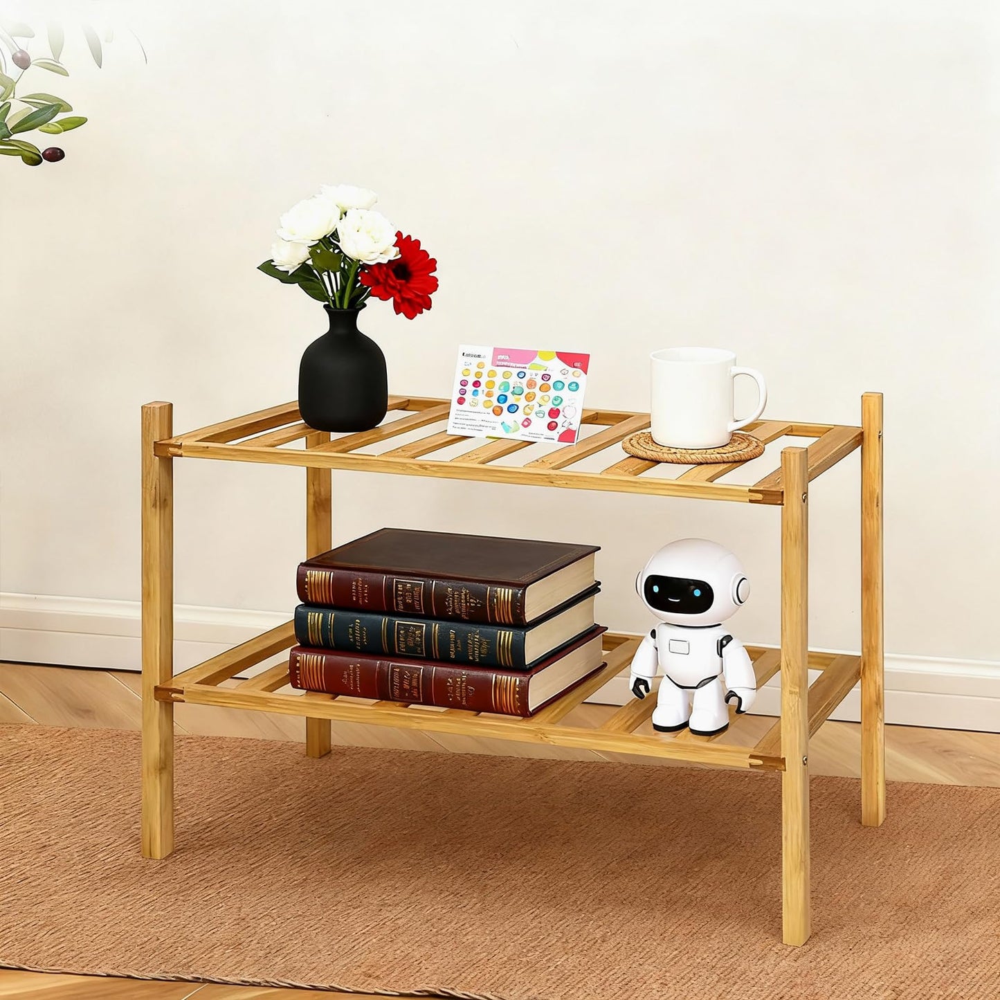 Akloya Small Shoe Rack, Multipurpose 2 Tier Shoe Organizers Rack，Small Bamboo Shelfs for Shoes, Plants, Books, Living Room, Hallway Bedroom, Bathroom