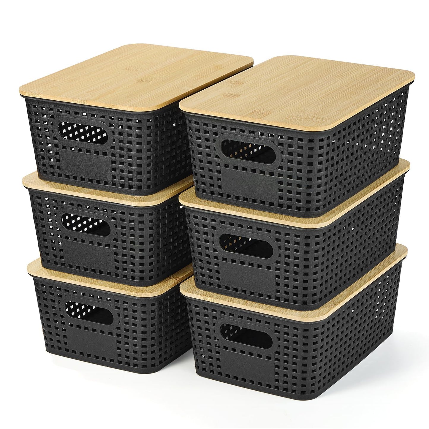 VIIHTYISA Plastic Storage Box with Bamboo Lid, Stackable Storage Baskets, Organizing Box for Shelves, Drawers, Desks, Cabinets, Playrooms and Offices