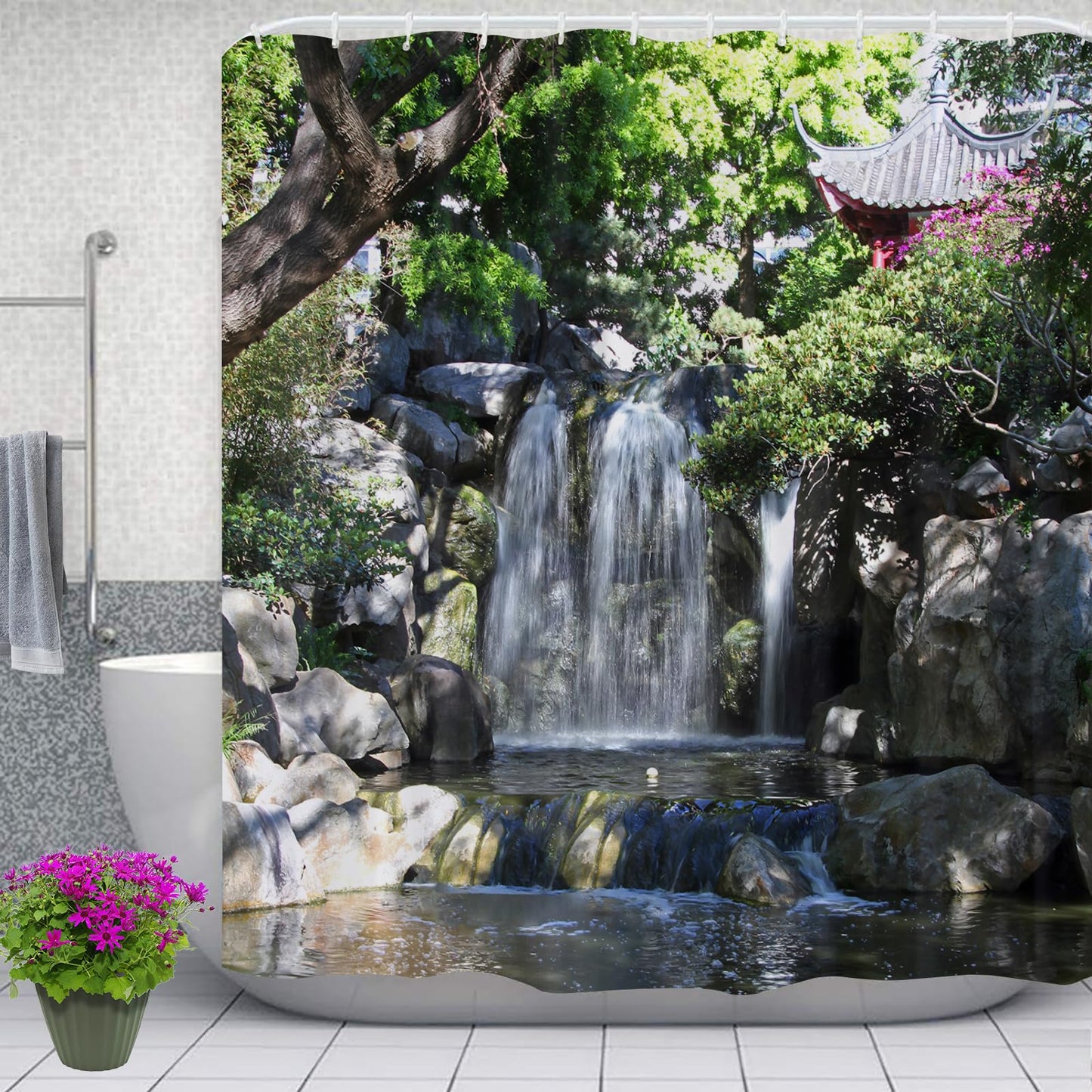 Newhomestyle Waterfall Scenery Garden Shower Curtain, Waterproof Polyester Fabric Pavilion Bathroom Shower Curtain