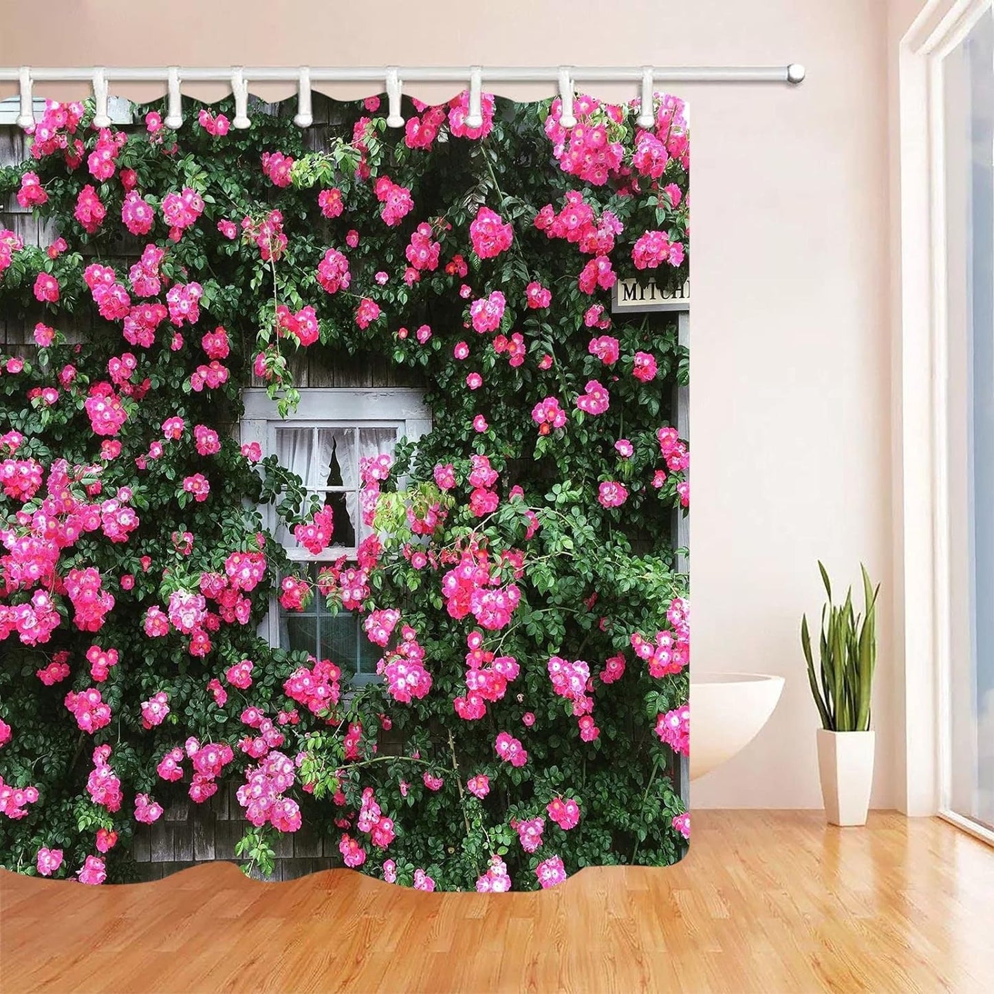 Gaakvrr Roses Cottage Shower Curtain, Window Flowers Curtain, 3D Garden Shower Curtain Washable Waterproof Curtains Set with 12 Hooks for Bathroom