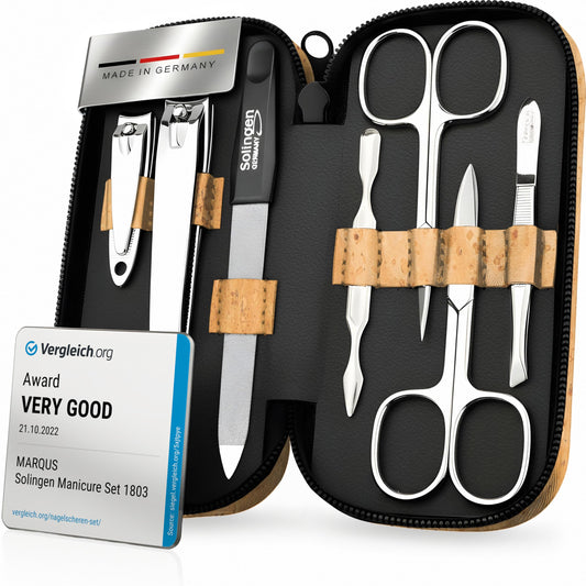 Solingen Manicure Set for Women & Men - Comparison Winner with Top Price/Performance Ratio - Handy and Soft Case - 7-Piece Grooming Kit, Cork