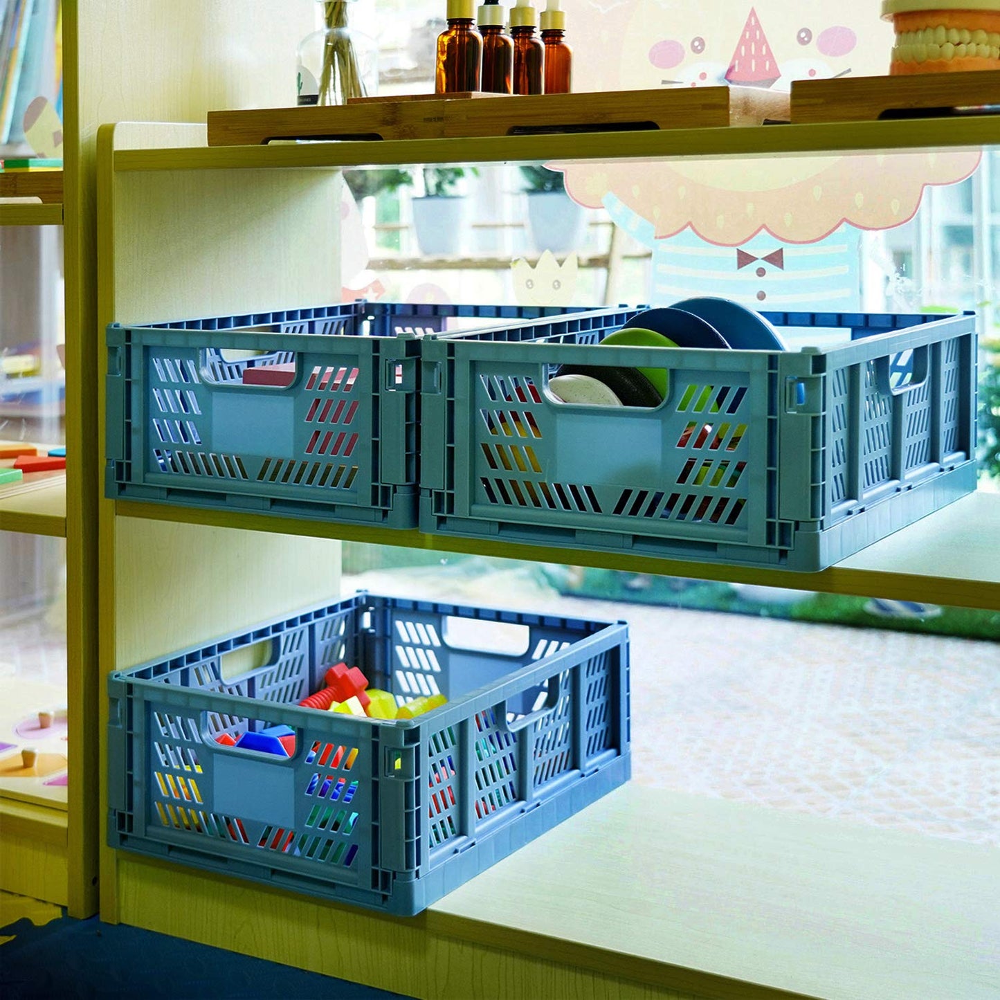 4 Pack Plastic Storage Crates Foldable Shelf Storage Basket Bins for Food Fruit Vegetables Snacks Bottles Toys Toiletries