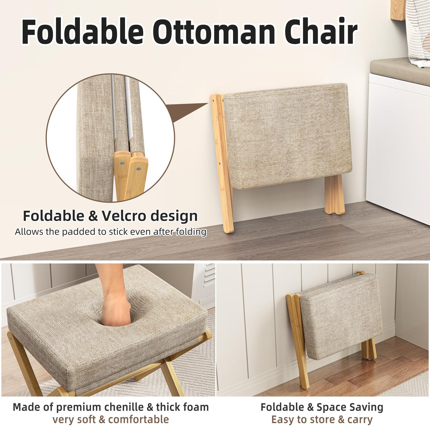 BAMBOOHOMIE Foldable Foot Stool Ottoman, Modern Foot Rest with Bamboo X Legs & Thick Foam Cushion