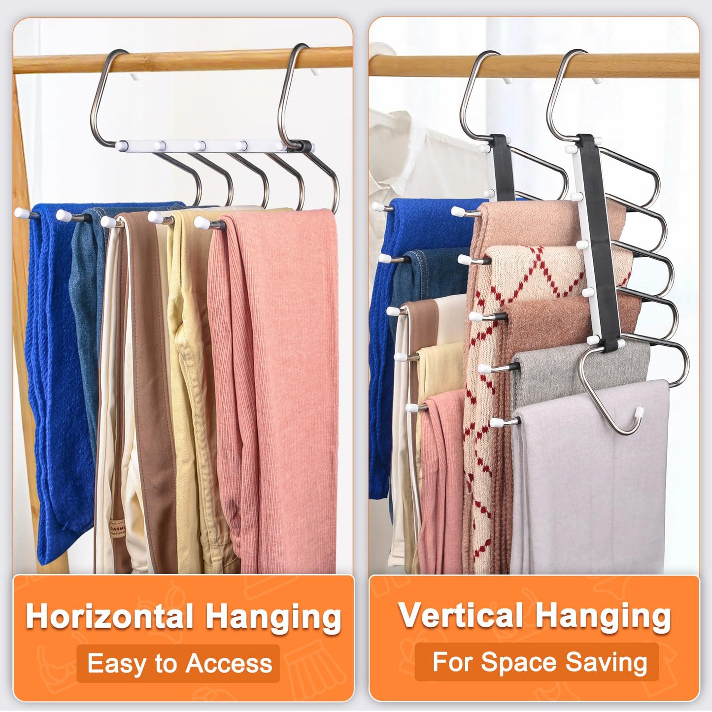 2 Pack Trouser Hangers Space Saving, 5-in-1 Trousers Hangers Non-Slip Clothes Hangers for Wardrobe