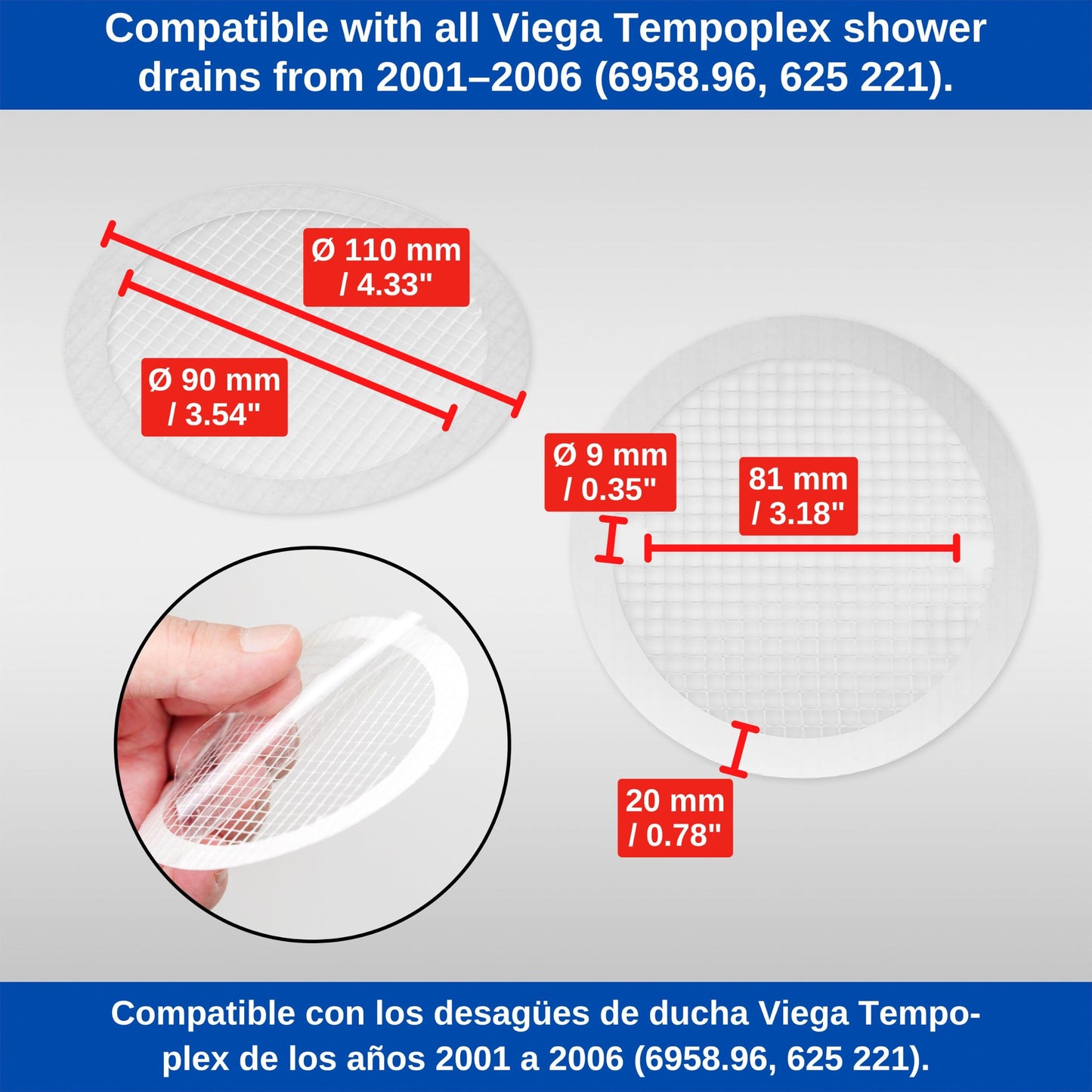 Drain hair catcher for gluing, 12 pcs, compatible with Viega Tempoplex shower drain year 2001-2006, disposable strainer sticker, shower tray filter