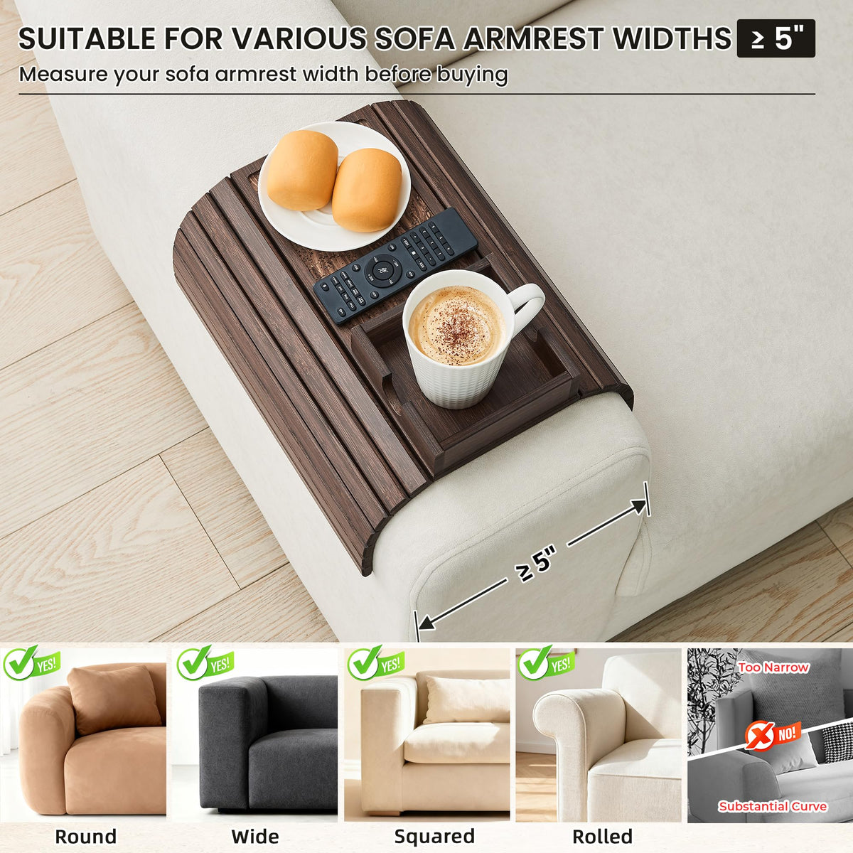 LOVYANXUE Bamboo Sofa Arm Tray Table, Foldable Couch Cup Holder, Anti-Slip Wide Couch Arm Tray Aremrest Table for Drink, Cup, Remote, Snacks