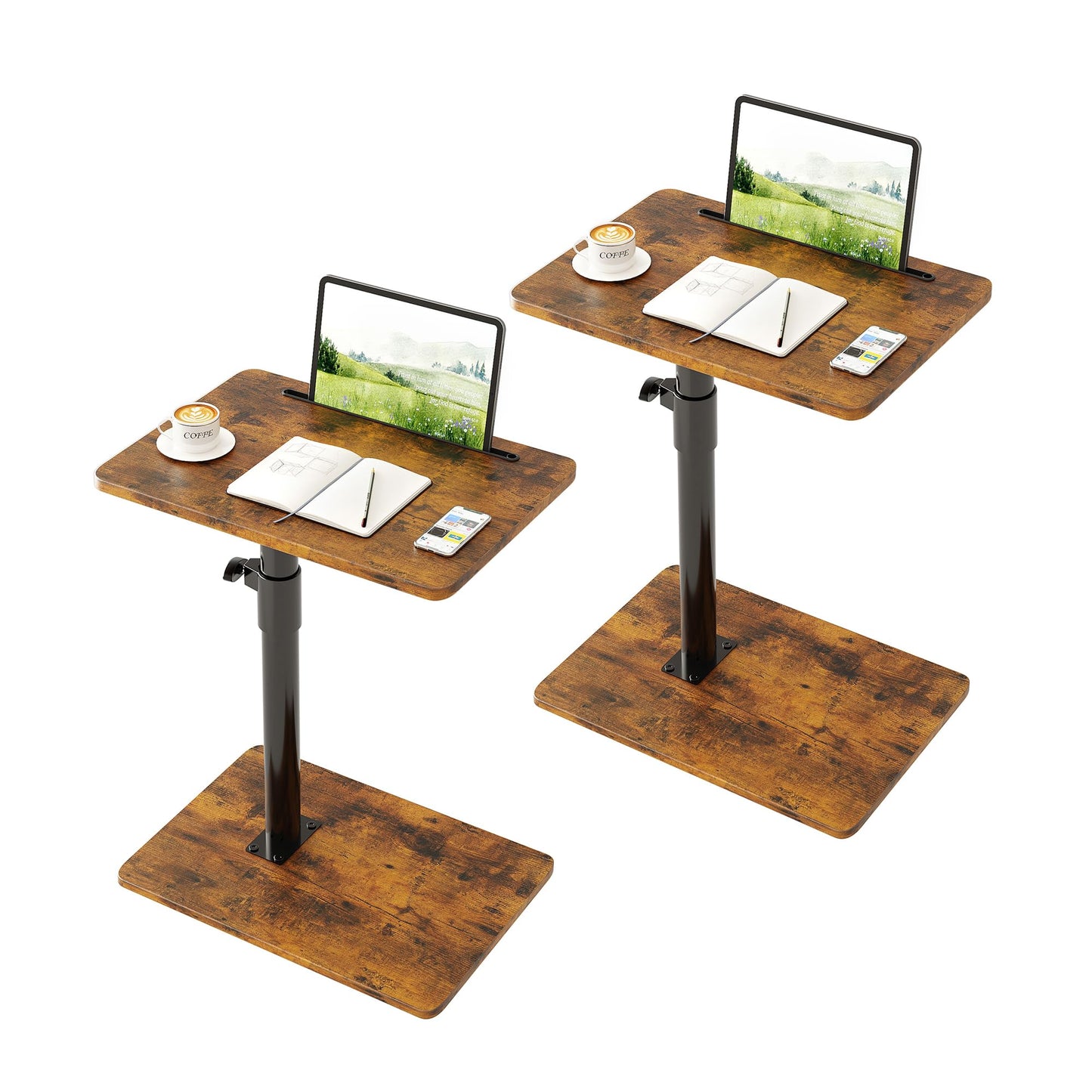CAIYUN C Shaped Side Table, Height Adjustable Swivel 360° Rotating, Brown End Table Set of 2 for Small Spaces