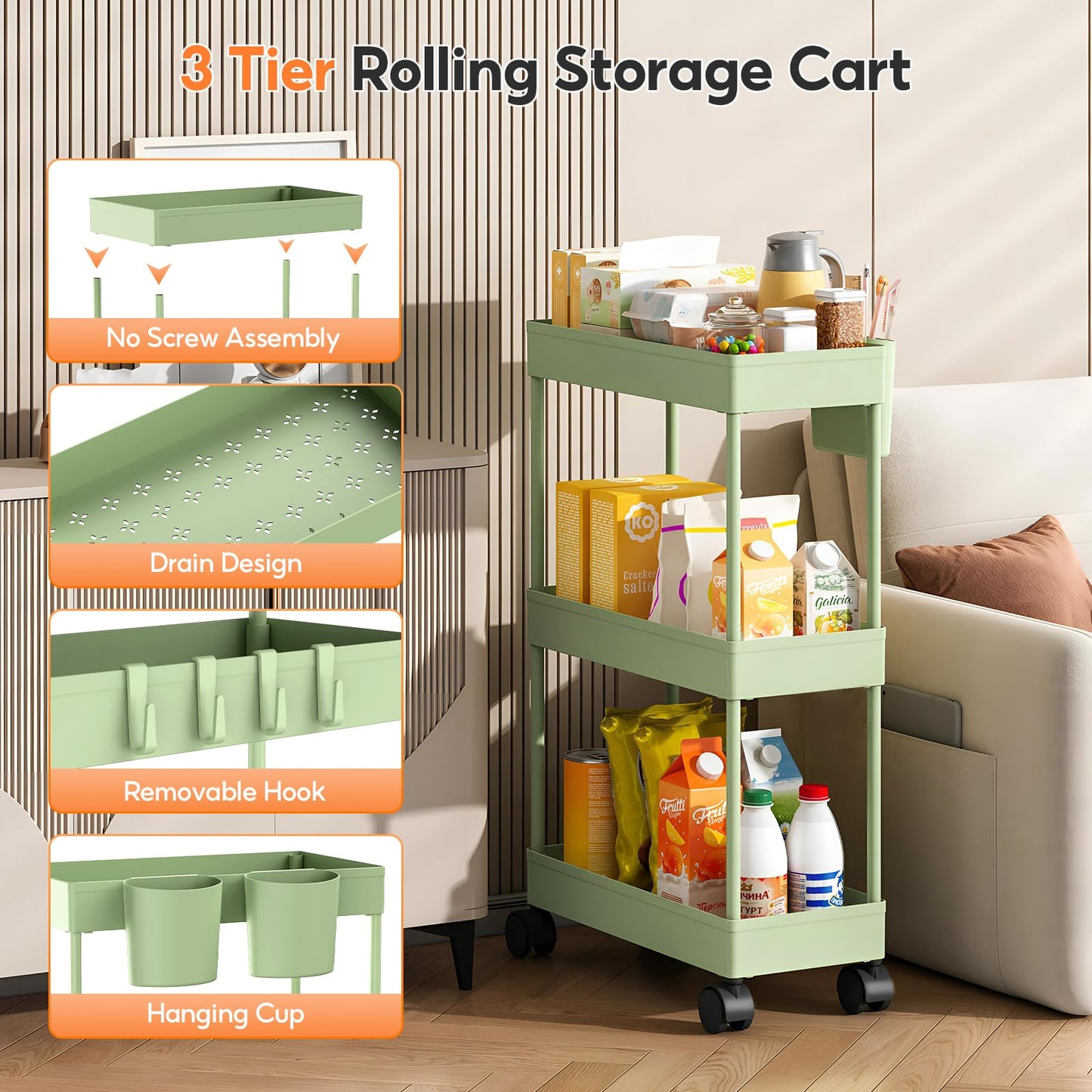 Shrivee 2 Extra Narrow Kitchen Trolley on Wheels 3 Levels Mobile Lightweight Carts Organizer for Toys (Green)