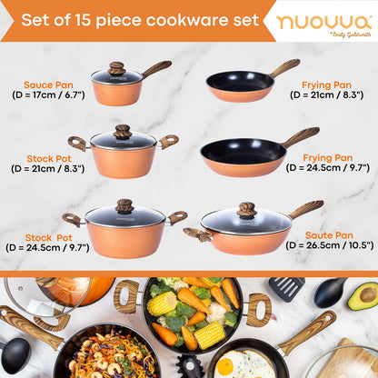 Non Stick Pots and Pans Set  Induction Hob Pots Set  15pcs Kitchen Cookware with Lids  Cooking Copper Saucepan Pots  by Nuovva