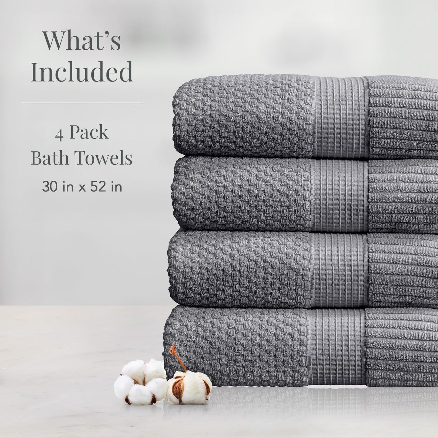 NY Loft 100% Cotton Bath Towel 4 Pack | Super Soft & Absorbent Quick-Dry Bath Towels 30" x 52" |Textured and Durable Cotton | Trinity Collection