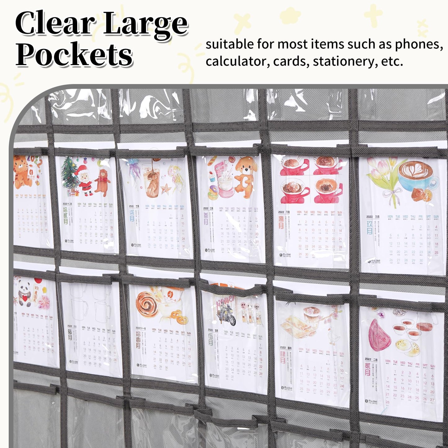 SAVORLIVING 12 Clear Pockets Classroom Pocket Chart Organizer, Cell Phones Calculator Holder with Hooks, Hanging Wall Door Calculators Phone Caddy