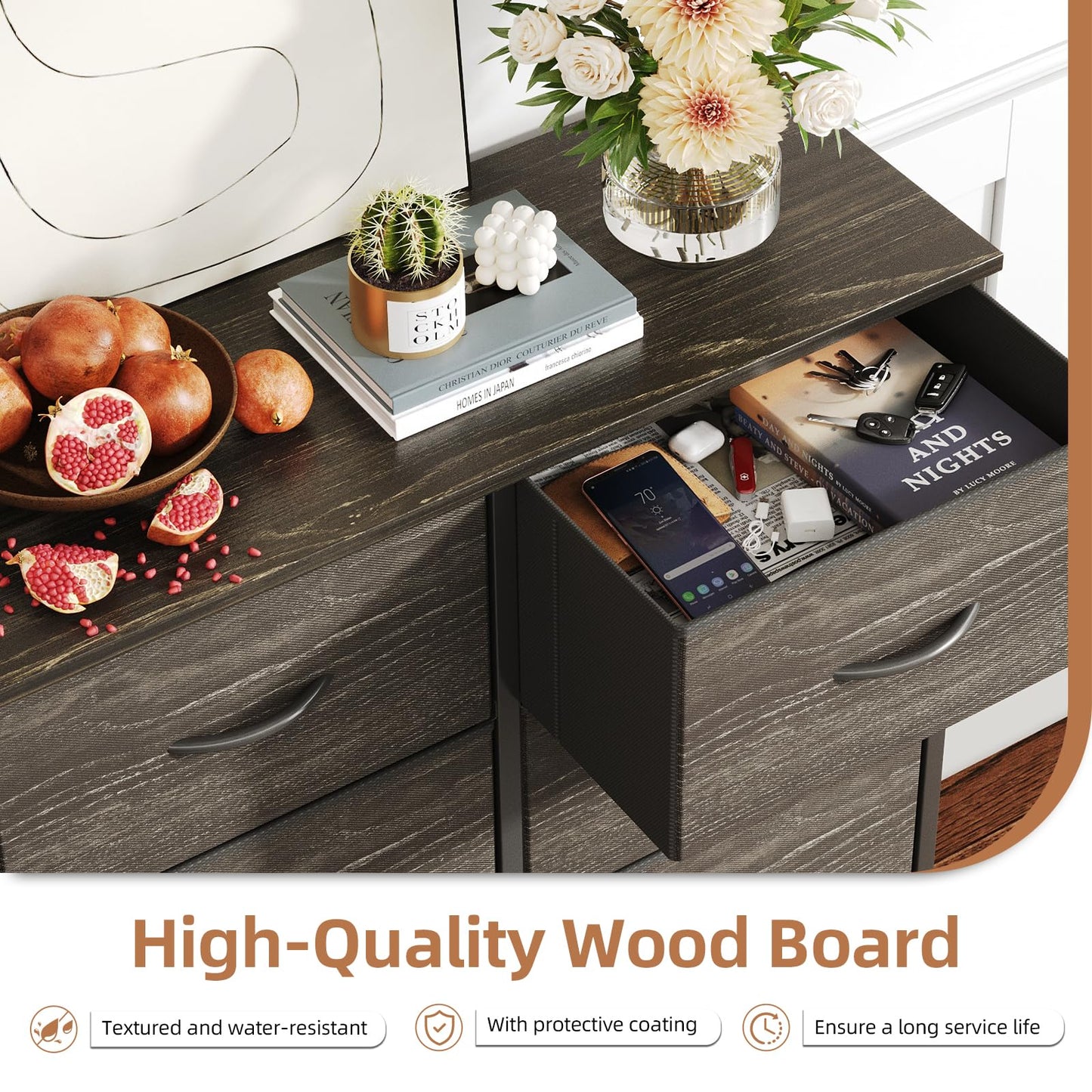 MUTUN 8 Drawers Chest of Drawers, Fabric Storage Dresser Vertical with Spacious Wooden Tabletop & Sturdy Metal Frame Large Storage Space for Bedroom