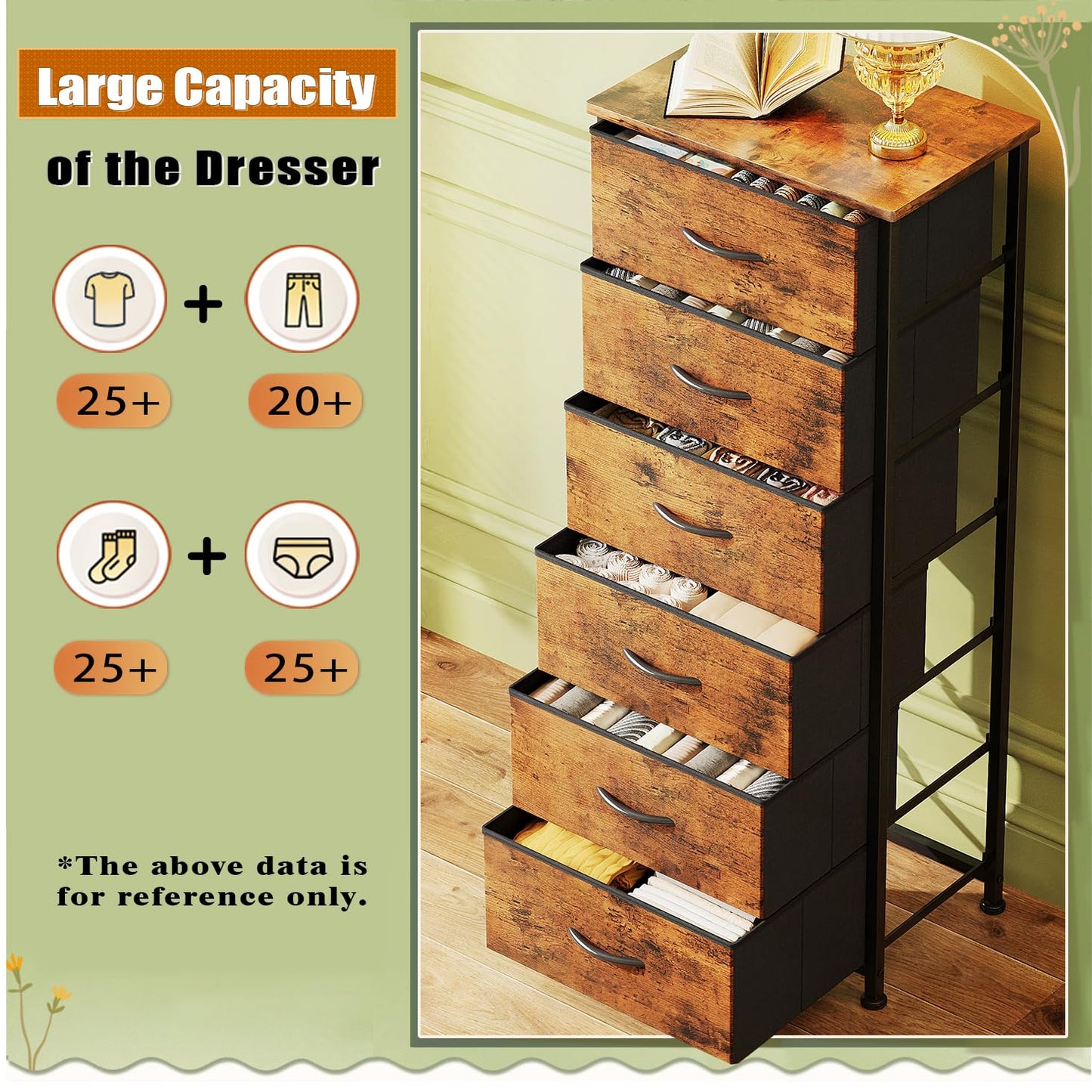 CAIYUN 6 Drawer Tall Dresser, Dresser for Bedroom Entryway Hallway, Closet Storage Drawer, Commode De Chambre, Armoire De Rangement, Rustic Brown