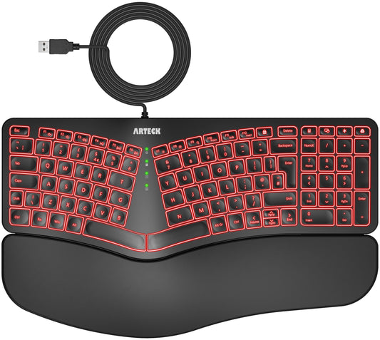 Arteck Ergonomic USB Wired Keyboard with Cushioned Wrist & Palm Rest, Backlit 7 Colors & Adjustable Brightness Comfortable Natural Split Keyboard with