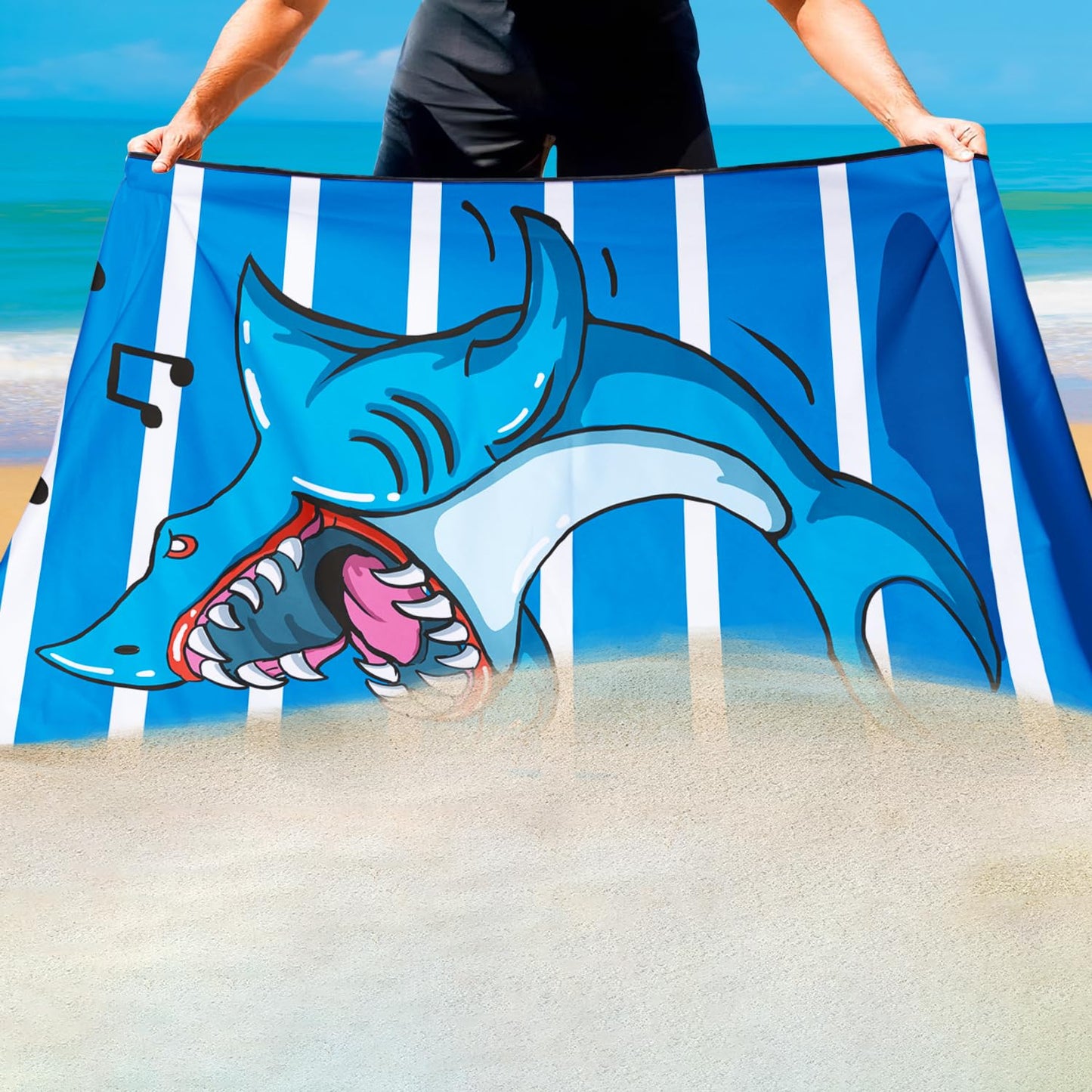 Violetpos Singing Shark Stripe Beach Towel, Extra Large 180x90 cm 250GSM Microfibre, Sand Free Quick Dry