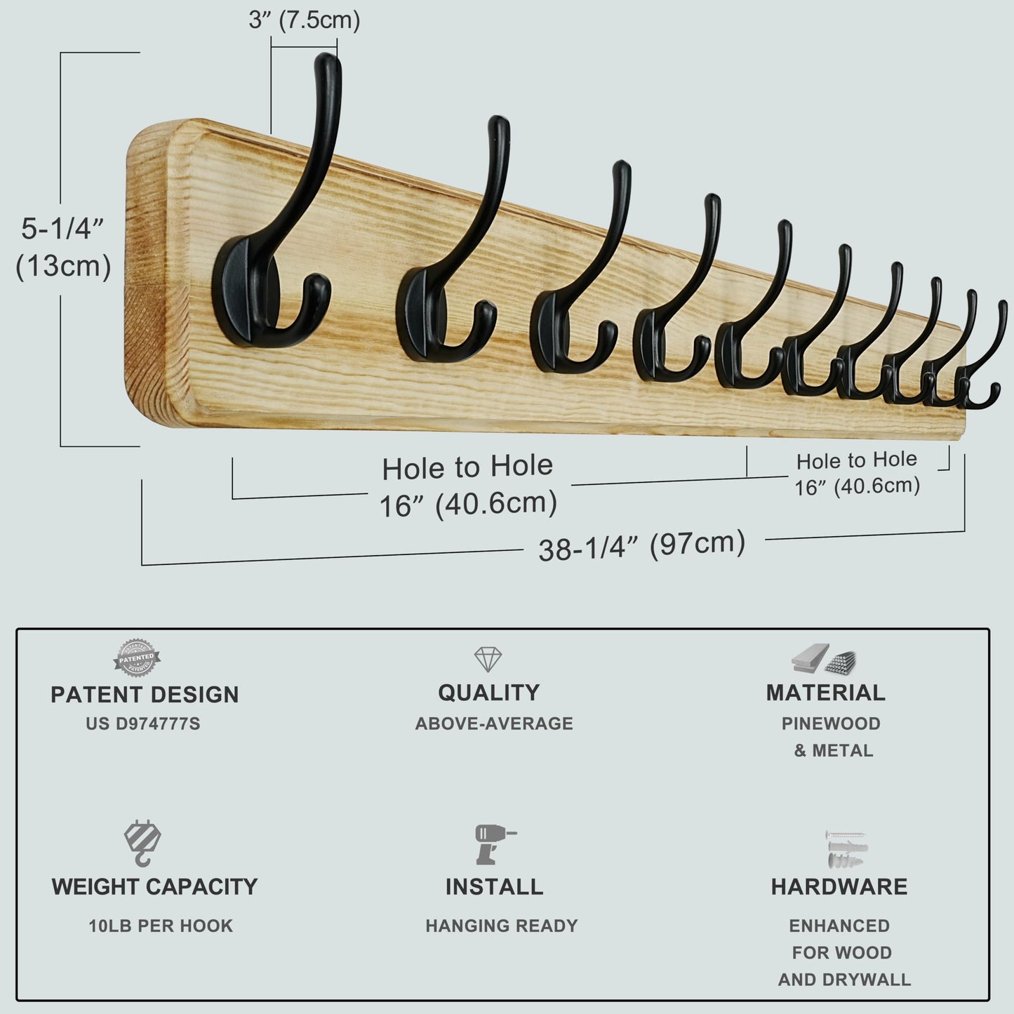Dseap Coat Rack Wall: 97cm Long, Patented, Heavy-Duty, 10-Double-Hooks Wooden Wall Mounted Coat Rack Coat Hanger Hook Rail for Winter Coats Hat