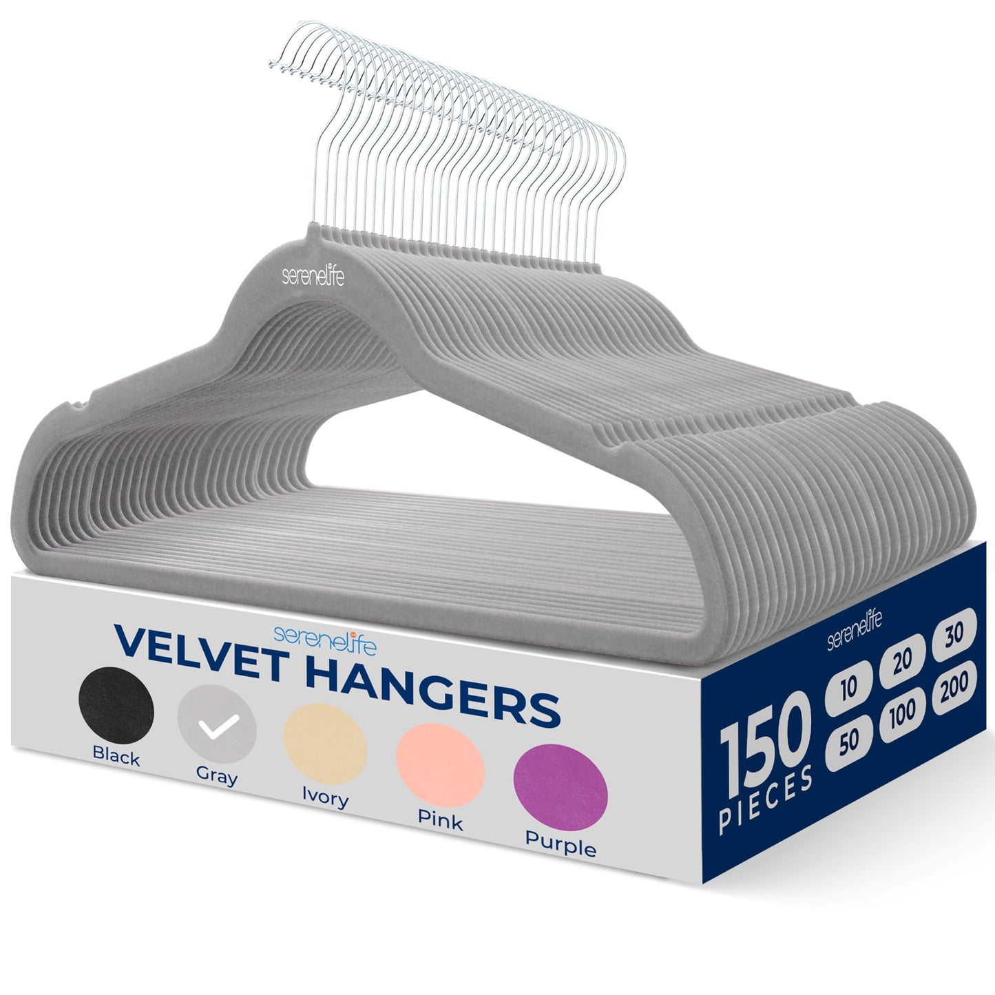 SereneLife Velvet Hangers, Gray, 150-Pack - Non-Slip Adult Coat Hangers