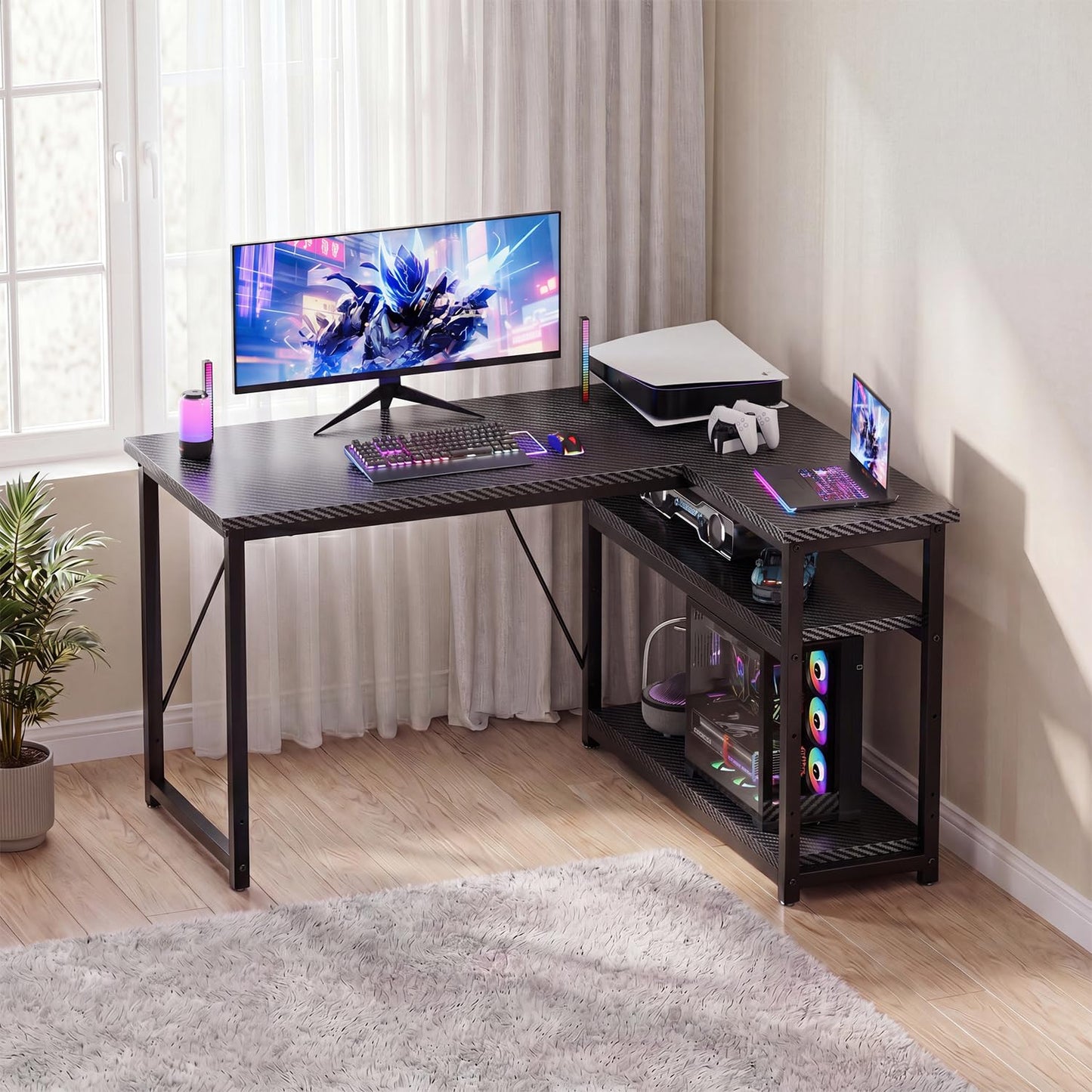 JUMMICO Small 100x80cm L-Shaped Corner Desk with Storage,Compact Corner Computer Desk for Home Office, Carbon Fibre Black