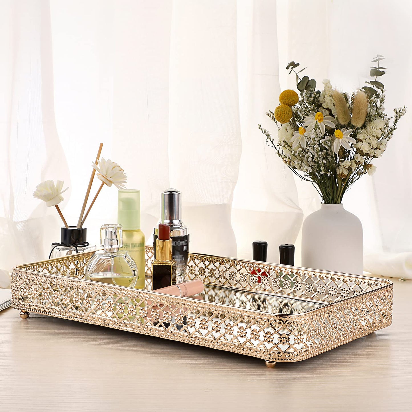 ELLDOO Gold Perfume Tray Mirror Tray Makeup Vanity Tray Hollow-Carved Jewelry Tray Glass Metal Trinket Storage Tray Home Organizer Decorative Tray