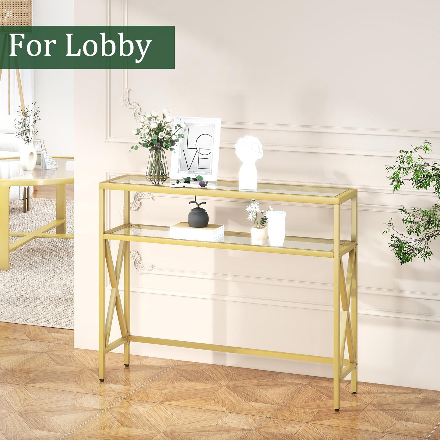 YMYNY Console Table, Tempered Glass Sofa Table, Industrial Entryway Table for Hallway, Narrow Sofa Table with Shelves