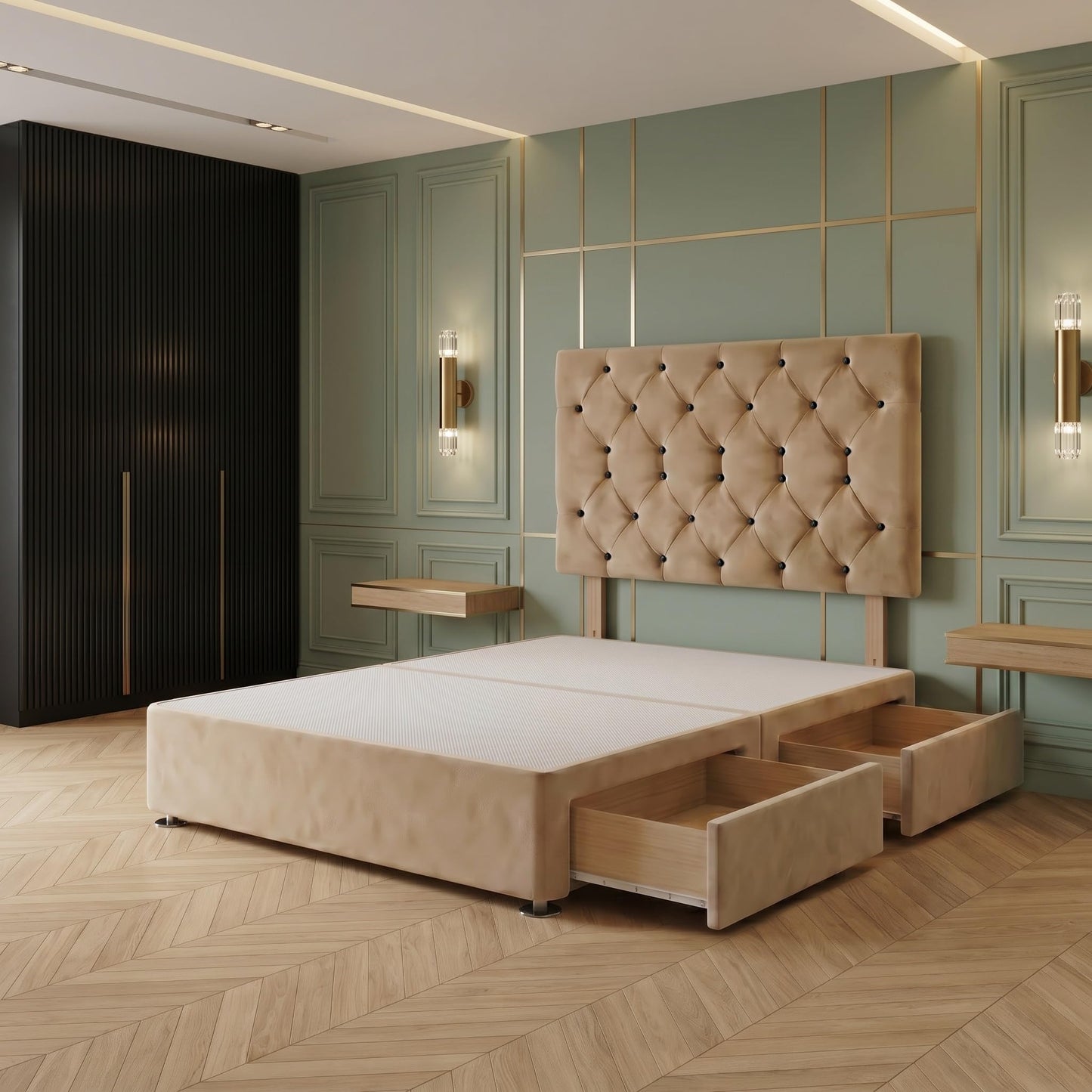 Bed Centre Premier Divan Base with 2 Drawers and Matching Headboard - Available in Multiple Fabrics and Colours (3FT Single, Plush Beige)