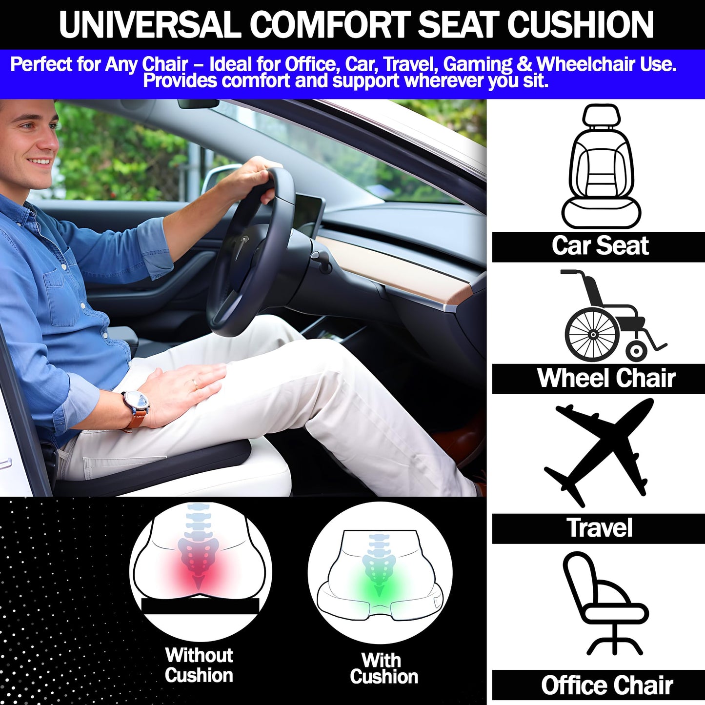RKINC Orthopedic Memory Foam Seat Cushion, Relief for Sciatica, Back and Tailbone Coccyx Pain, Support Pad with Washable Cover