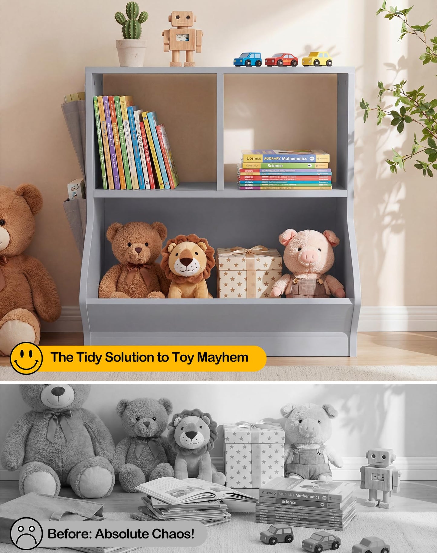 iSunirm Kids Bookshelf with Toy Storage, 70cm Grey Wooden Children’s Bookcase, Floor Book Shelf and Toy Organiser with Side Pocket and Anti-Tip Kit