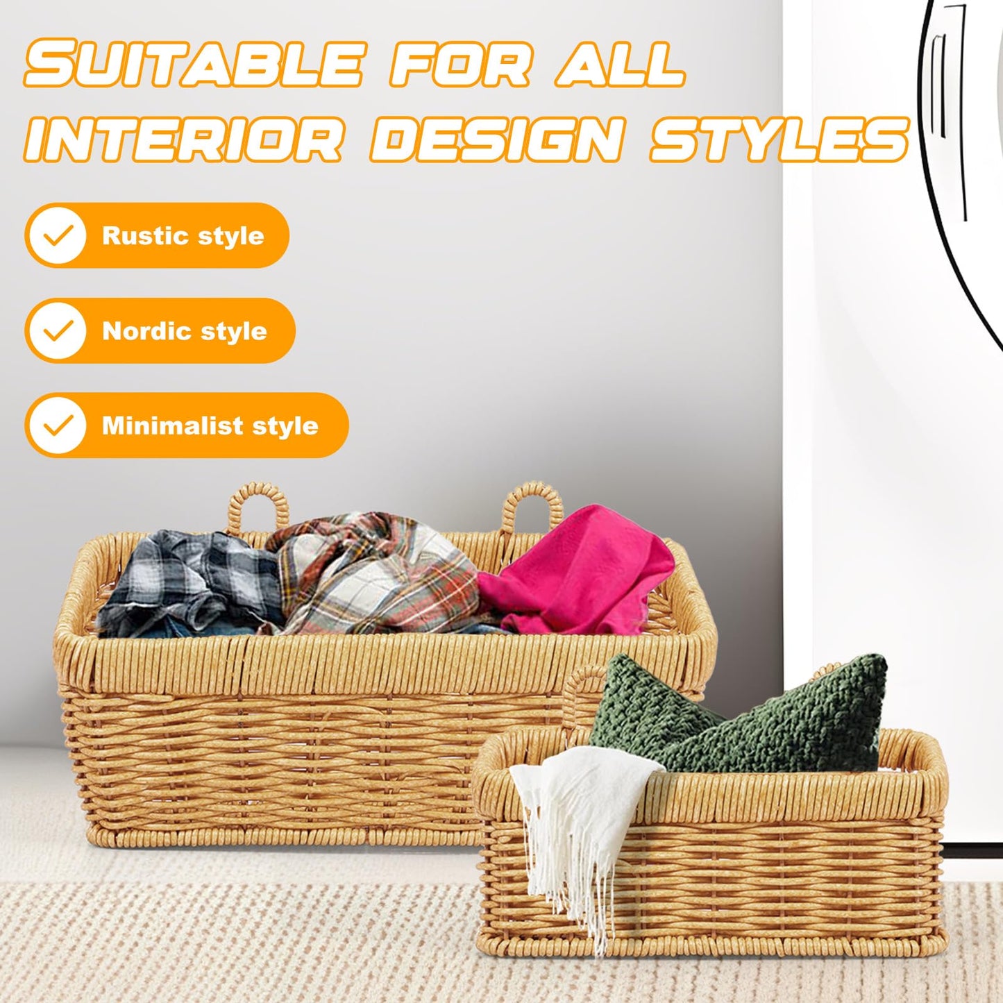 2 Pack Hanging Wall Baskets, Wicker Effect Plastic Rattan Woven Storage Baskets, Wall Mounted Organiser for Kitchen Onion Garlic
