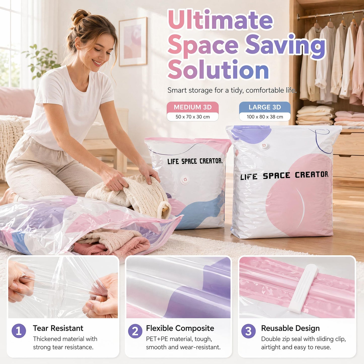 No Pump Vacuum Storage Bags, 4PCS 3D Vacuum Storage Bags