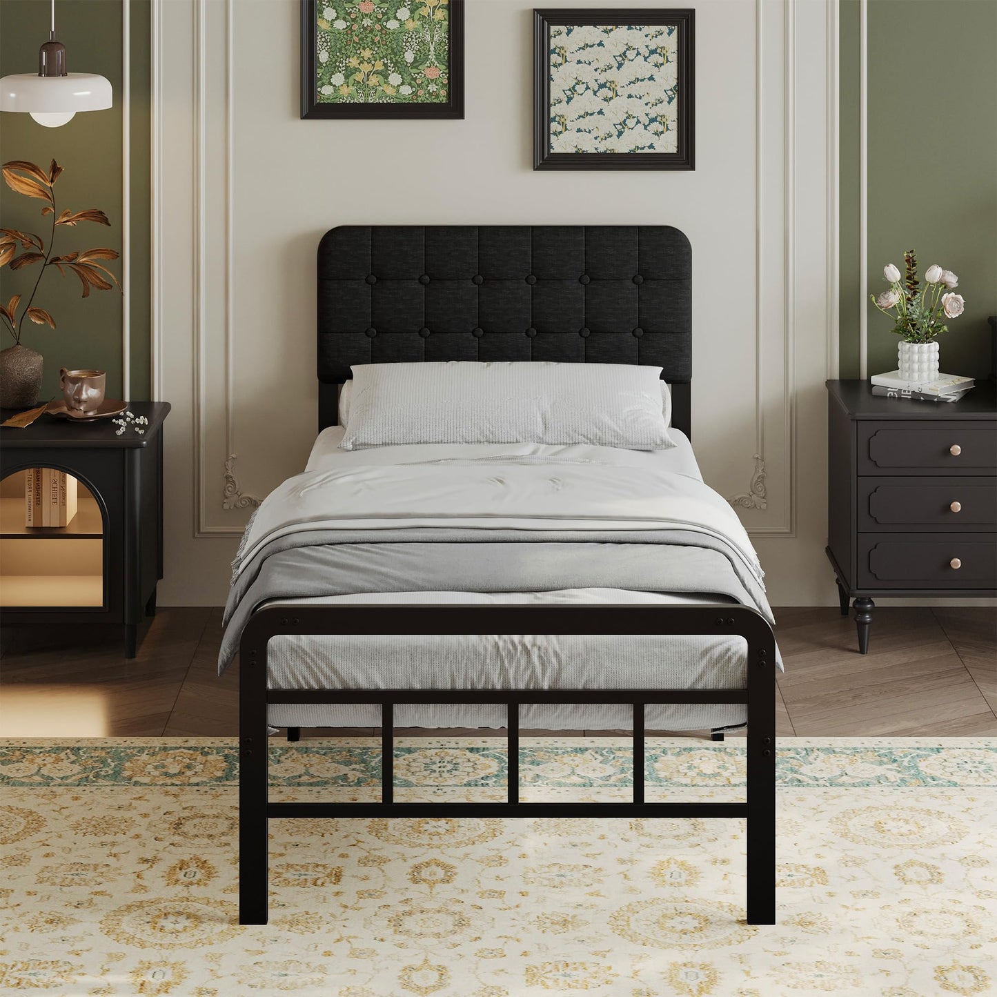 EMODA Small Single Bed Frame with Upholstered Headboard and Footboard,