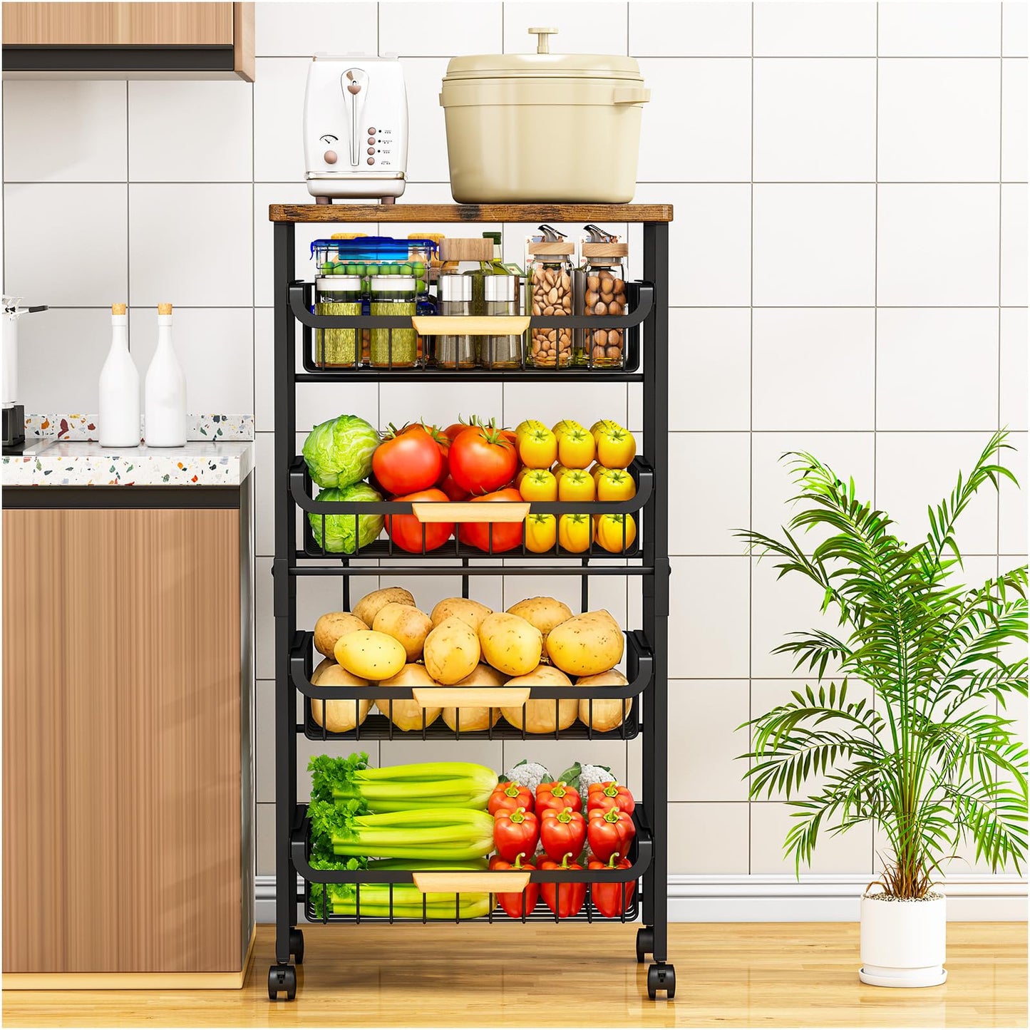 5-Tier Kitchen Trolley on Wheels, Vegetable Storage Rack