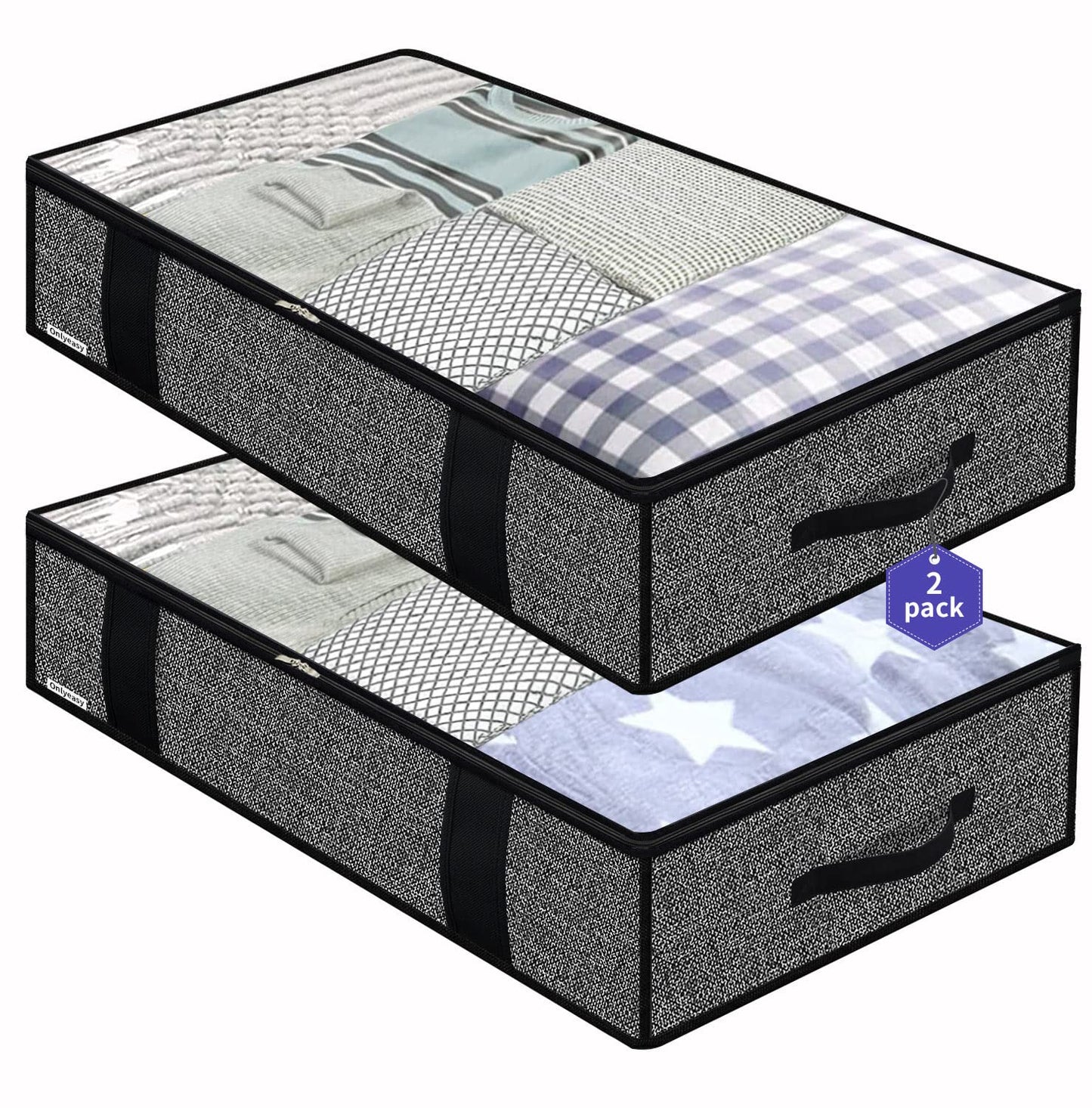 Onlyeasy 2 Pack Large Underbed Storage Bags Organizer Container with 4 Handles and 2 Zippers Blankets Clothes Duvets Foldable Storage Bags with Clear