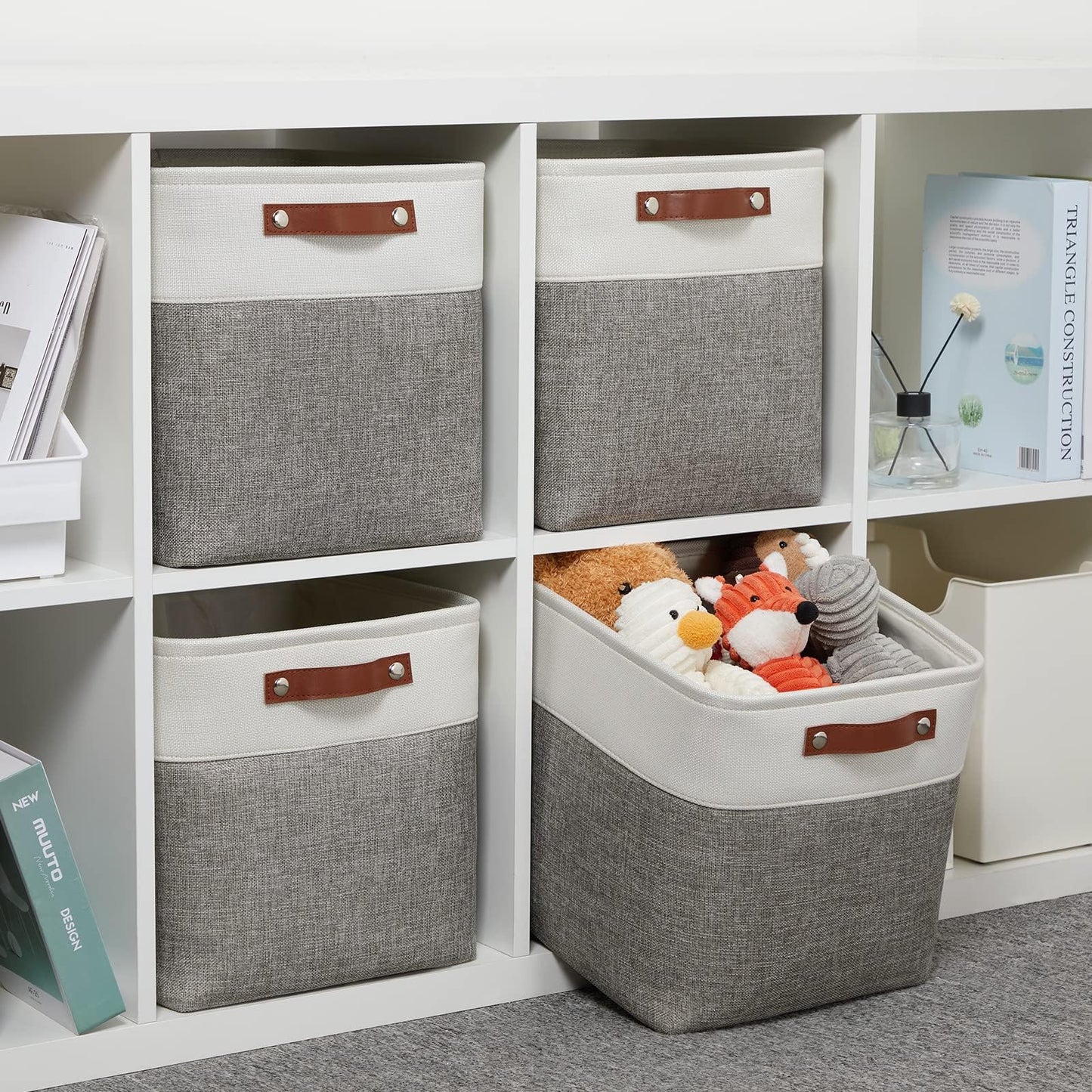 VIIHTYISA Fabric Storage Box, 4-Piece Set 25x25x25cm Cube Storage Boxes with Faux Leather Handle for Cube Shelves, Closet, Wardrobes | Grey & White