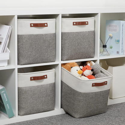 VIIHTYISA Fabric Storage Box, 4-Piece Set 30x30x30cm Cube Storage Boxes with Faux Leather Handle for Cube Shelves, Closet, Wardrobes | Grey & White