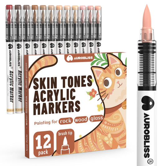 Aurobliss Acrylic Paint Pens Brush Tip 12 Skin Tones Markers for Rock Painting, Stone, Glass, Ceramic, Wood, Fabric, Water-Based Permanent Acrylic