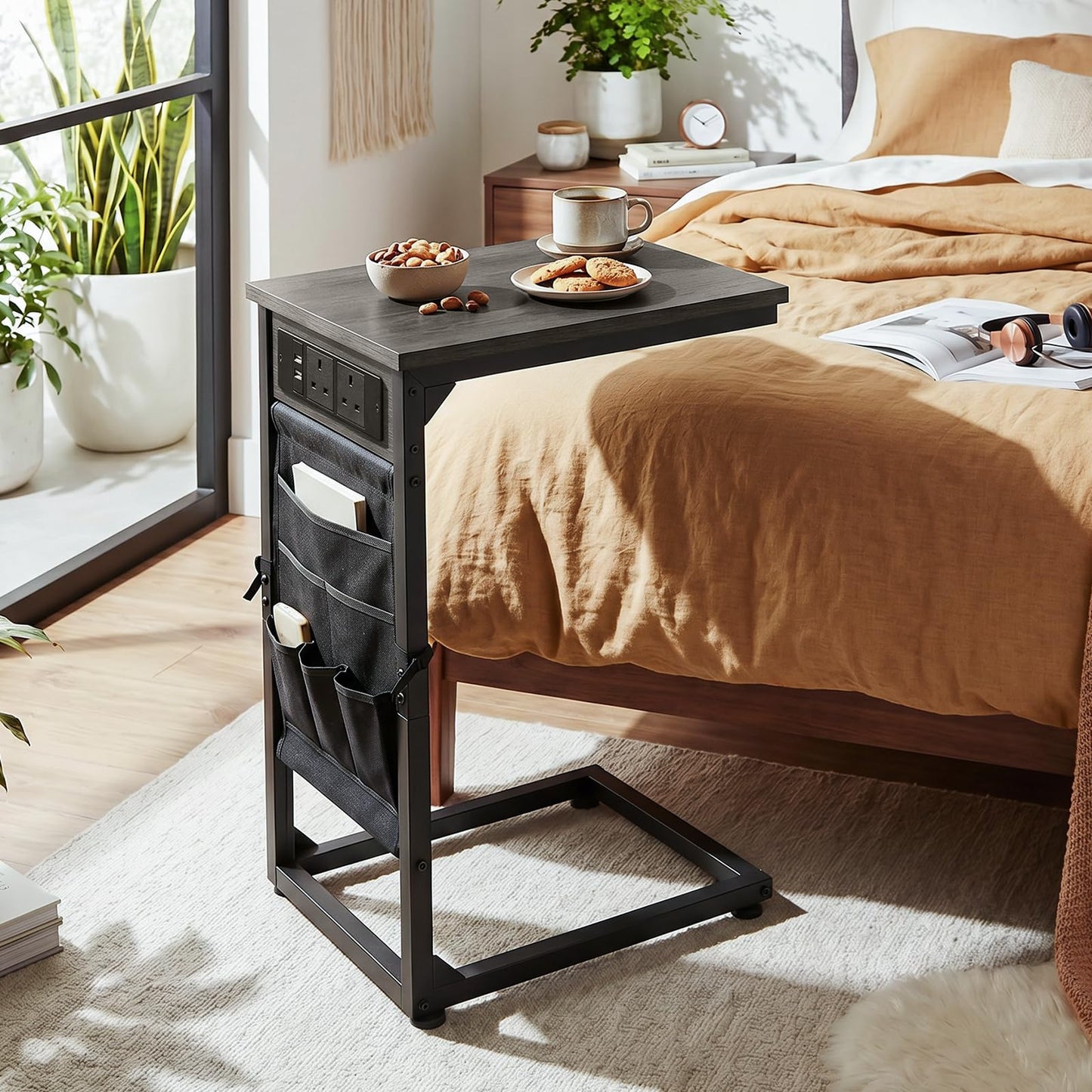 AMHANCIBLE C-Shaped Side Table, Side Table with Charging Station
