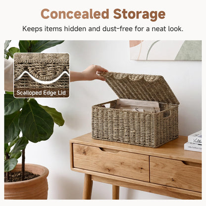 StorageWorks Scalloped Edge Wicker Basket with Lid, Handwoven Natural Seagrass Basket for Décor, Shelves, Nursery Room