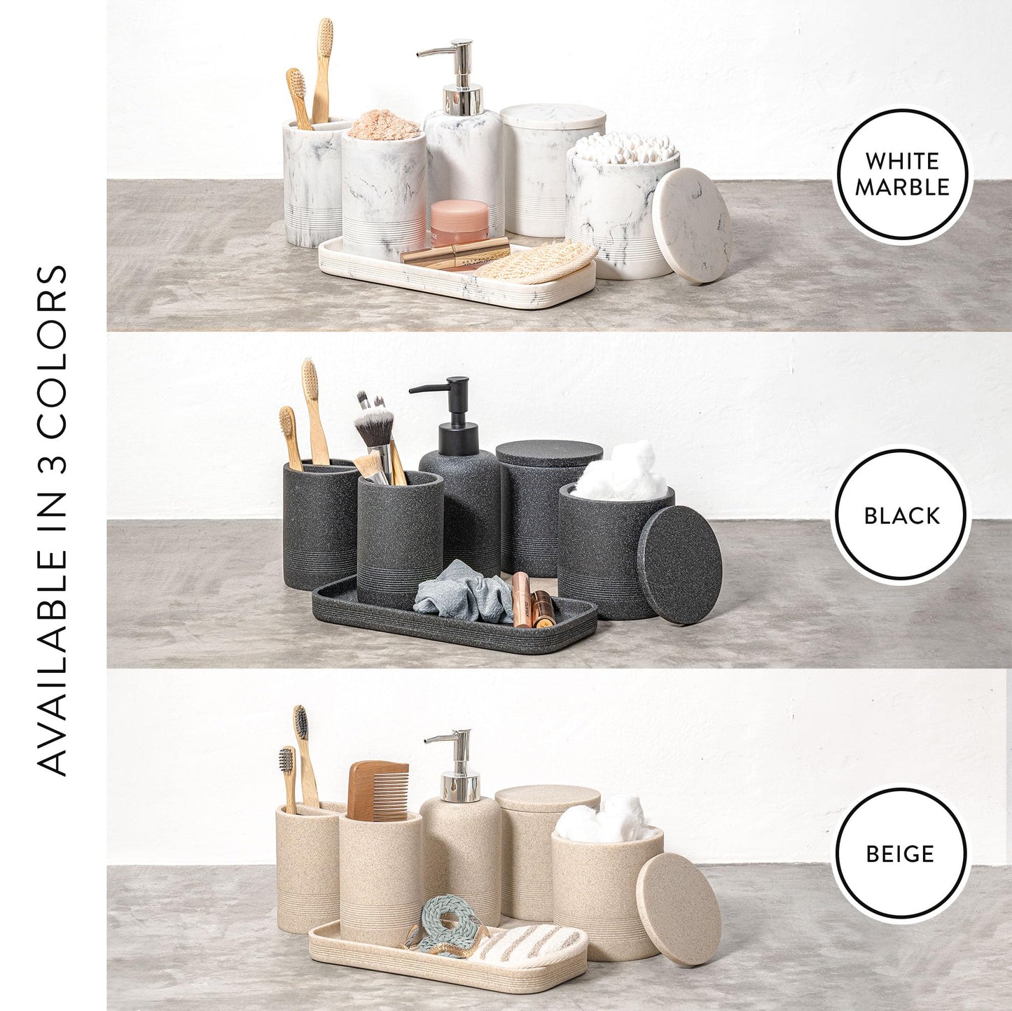 ZCCZ White Bathroom Accessory Set 6 Pieces - Organiser With Toothbrush Holder, Lotion Soap Dispenser, Vanity Tray and 2 Q-tip Holders