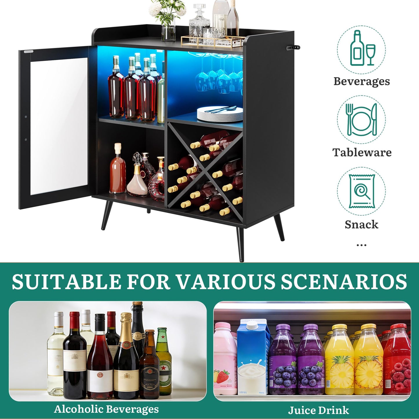 YITAHOME Small Bar Cabinet with LED Lights, Acrylic Door & Wine Rack, Coffee Bar with Cup Holders, Sideboard for Home Bar, Dining Room, Living Room