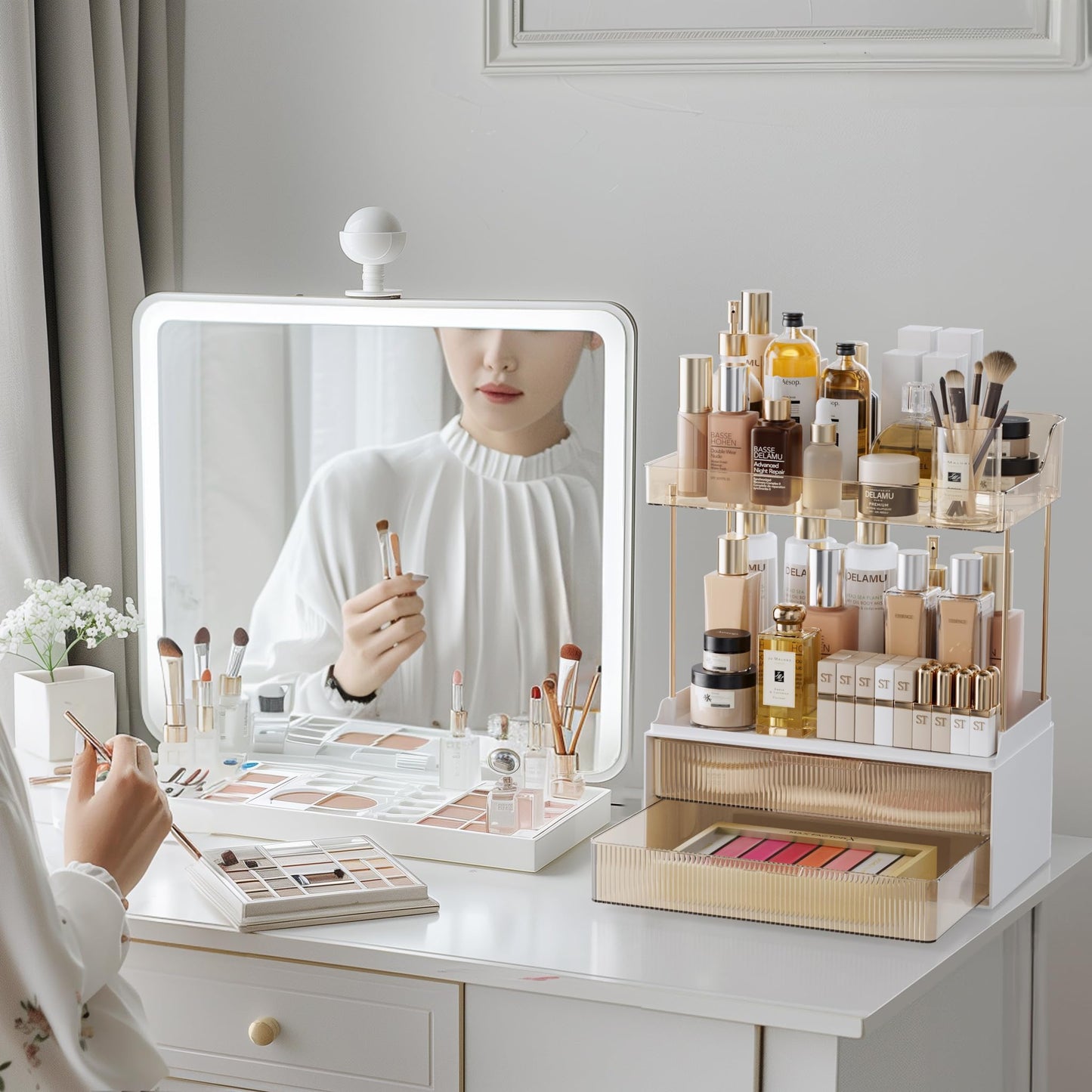 Delamu Makeup Organiser, 2 Tier 2 Drawer Large Cosmetic Storage, Multi-Purpose Vanity Organizer for Makeup Brushes, Skincare, Perfume