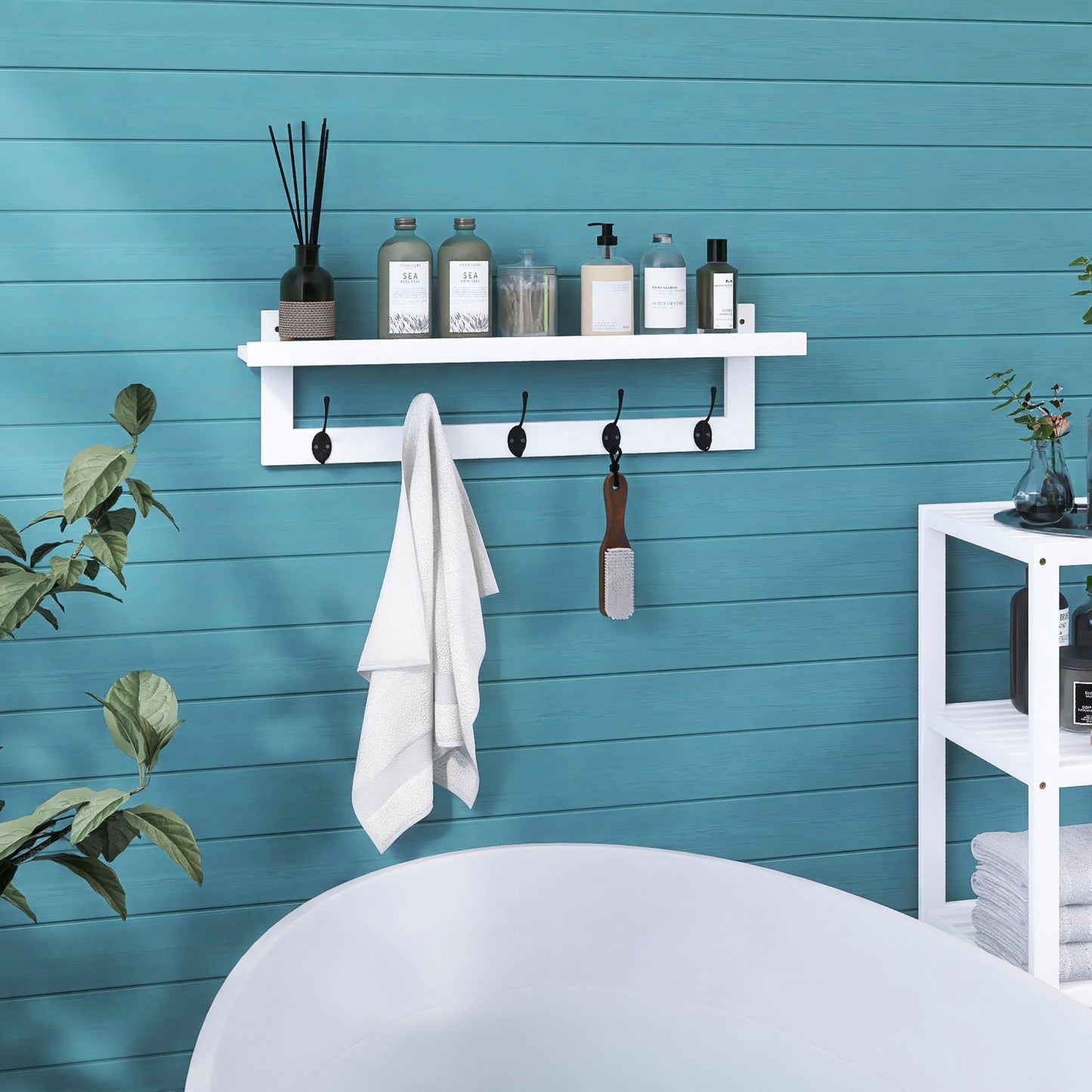 SMIBUY Coat Hooks with Shelf Wall-Mounted, 74 cm Entryway Coat Rack for Wall, Bamboo Hanging Shelf with 5 Double Metal Hooks for Bathroom, Bedroom