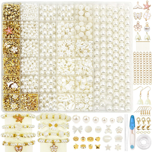 KAOHONG 1600+ Pcs Bracelet Jewellery Making Kit Pearl Beads Ivory White Crystal Wire Ornament DIY Craft Kits for Kids ?