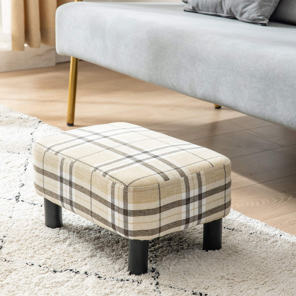IBUYKE 42CM Small Footstool, Linen Fabric Pouf, with Padded Seat Pine Wood Legs Rectangular Stool, Small Under Desk Footrest