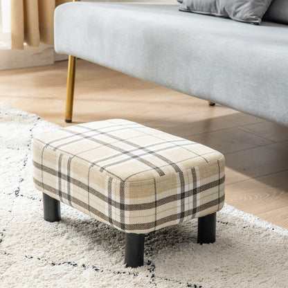 IBUYKE 42CM Small Footstool, Linen Fabric Pouf, with Padded Seat Pine Wood Legs Rectangular Stool, Small Under Desk Footrest