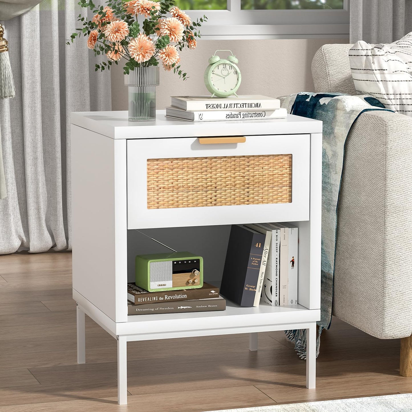 Skokliz Bedside Tables Set of 2, Rattan Bed Side Table for Bedroom with Drawer & Open Shelf, Wood Nightstand, White Bedside Cabinets for Living Room