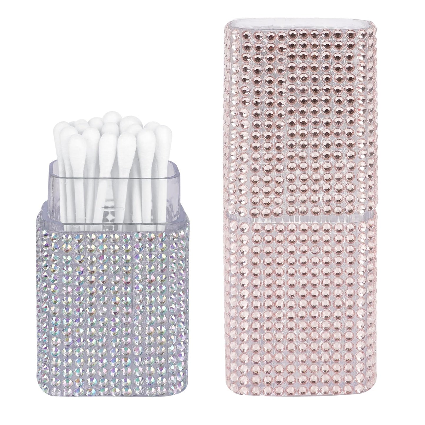 ReignSword 2 Pack Cotton Swab Holder for Travel, Portable Diamond Dental Floss Storage Box, Small Qtips Case Cosmetic Sponge Dispenser Container