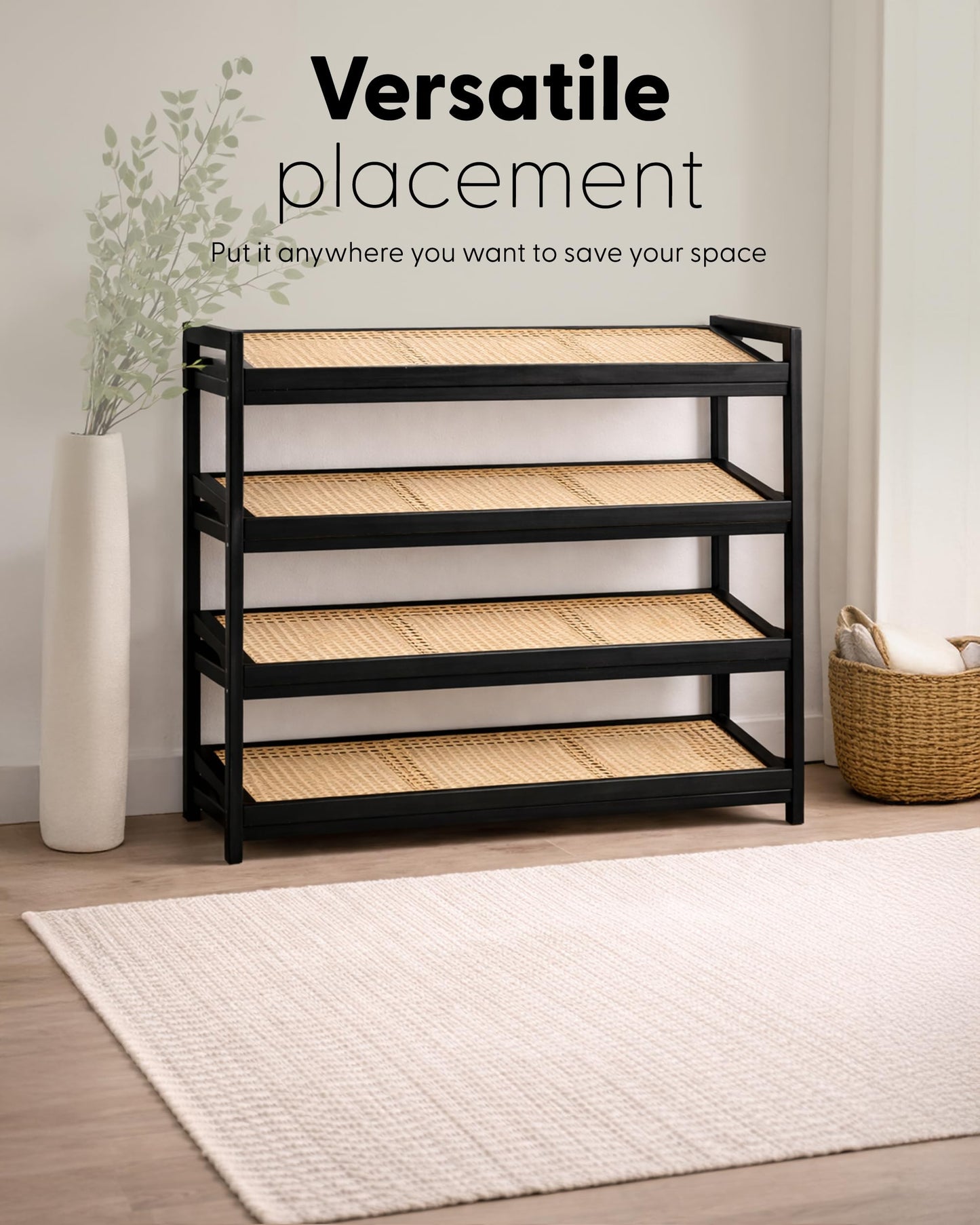 KEPLIN 4 Tier Bamboo and Rattan Shoe Organiser Rack – Eco-Friendly, Durable, Easy Assembly – Compact Design for Entryway, Closet, or Hallway