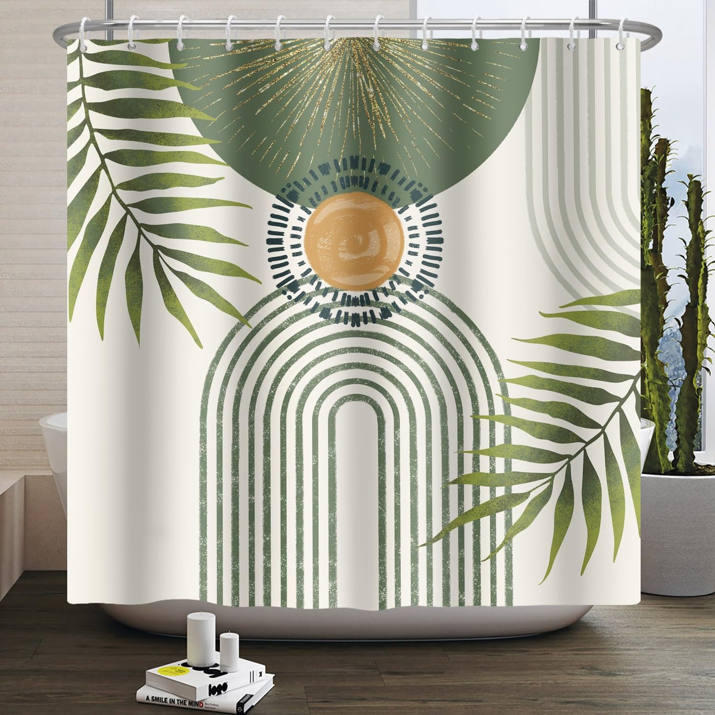 ASDCXZ Boho Shower Curtain 180 x 180 cm, Modern Abstract Green Palm Leaves Sun Bow Beige Washable Shower Curtains Polyester Textile Waterproof